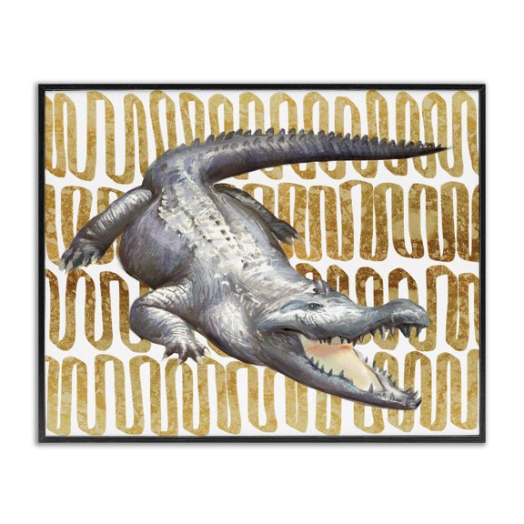 Stupell Industries Modern Intimidating Alligator Over Abstract Brown Yellow Pattern Black Framed Giclee Art, 14 x 11, by Ziwei Li