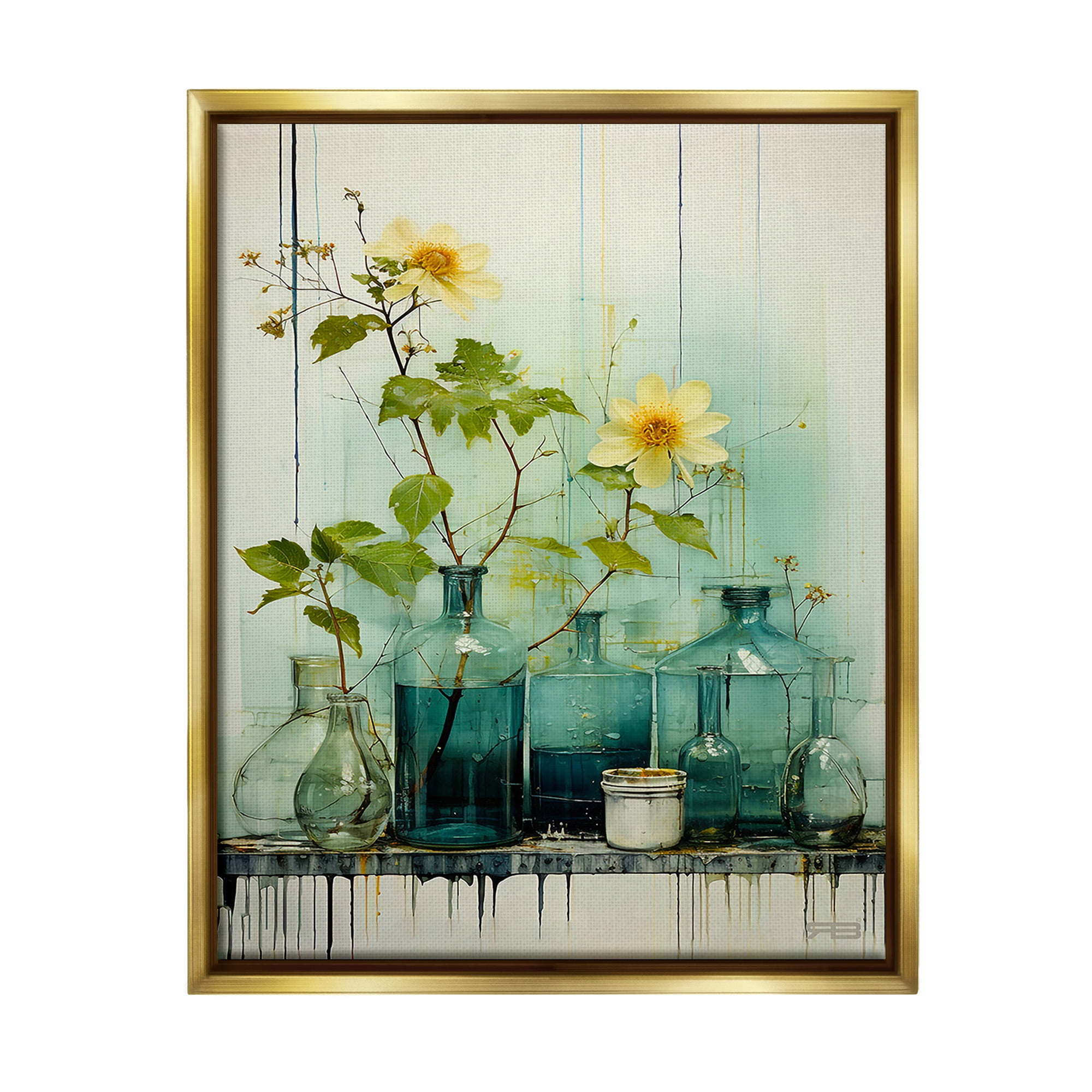 Stupell Industries Modern Jars & Florals Botanical & Floral Painting Gold Floater Framed Canvas Art Print Wall Art, 25 x 31