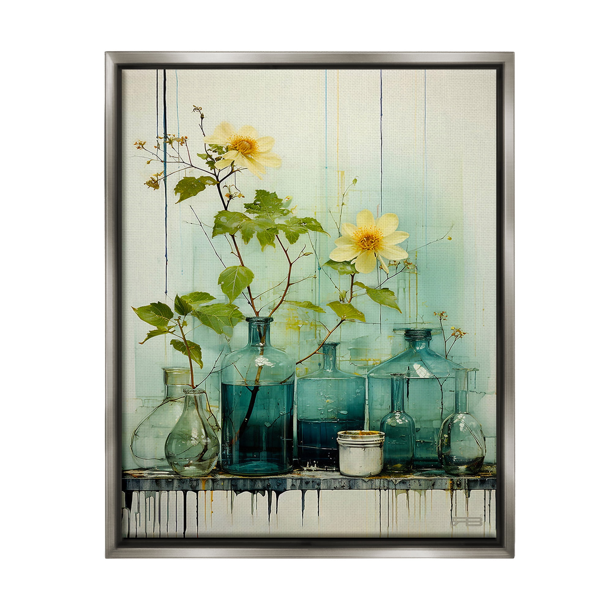 Stupell Industries Modern Jars & Florals Botanical & Floral Painting Gray Floater Framed Canvas Art Print Wall Art, 25 x 31