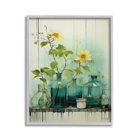 Stupell Industries Modern Jars & Florals Botanical & Floral Painting Gray Framed Art Print Wall Art, 24 x 30