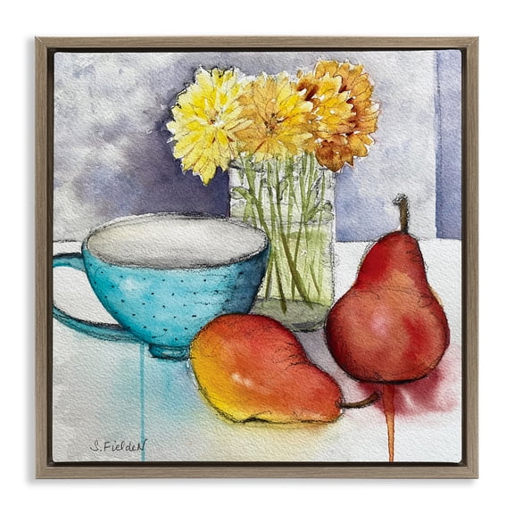 Stupell Industries Modern Kitchen Teacup & Fruit Country Charm Painting Brown Floater Framed Canvas Art Print Wall Art, 18 x 18
