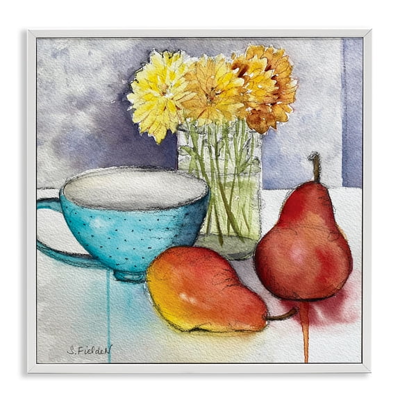 Stupell Industries Modern Kitchen Teacup & Fruit Country Charm Painting White Framed Art Print Wall Art, 24 x 24