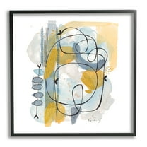 Stupell Industries Modern Leaf Line Abstraction Yellow Blue Watercolor Abstract Painting Black Framed Art Print Wall Art, 12 x 12