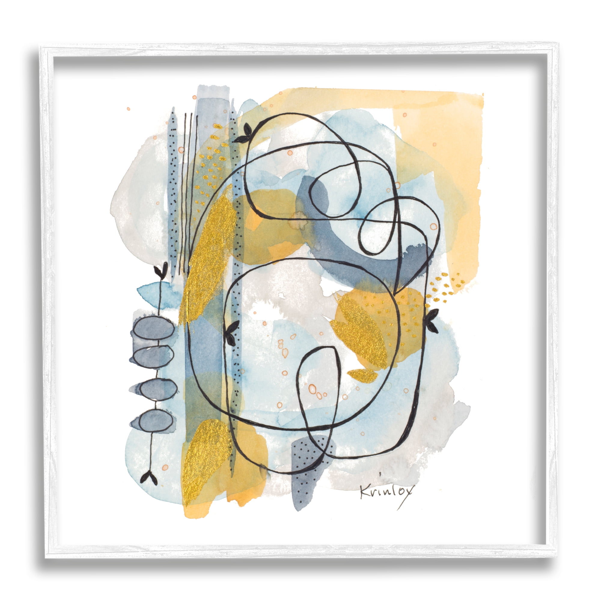 Stupell Industries Modern Leaf Line Abstraction Yellow Blue Watercolor Abstract Painting White Framed Art Print Wall Art, 24 x 24