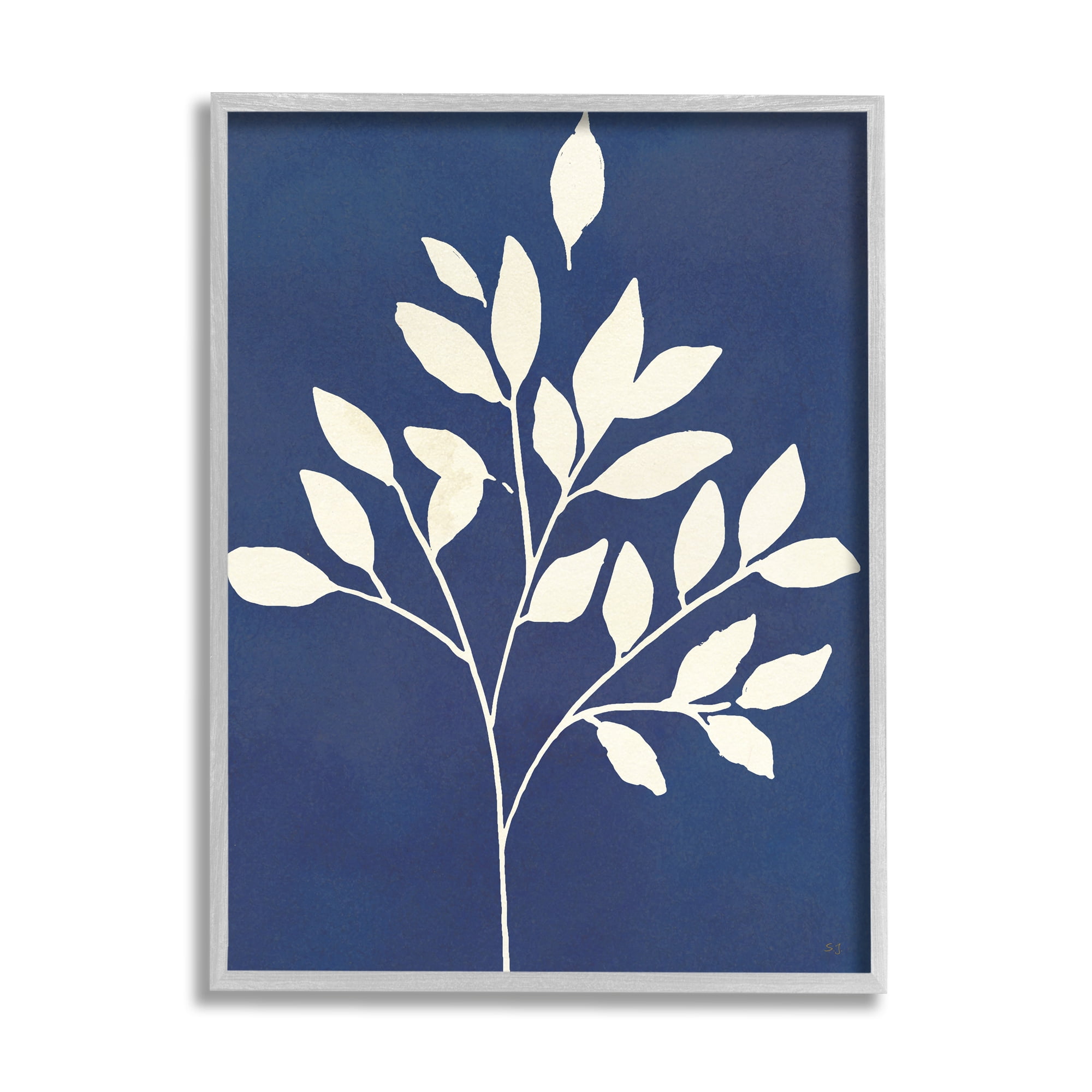 Stupell Industries Modern Leaf Sprig Botanical Abstract Stencil Shape Graphic Art Gray Framed Art Print Wall Art, Design by Susan Jill