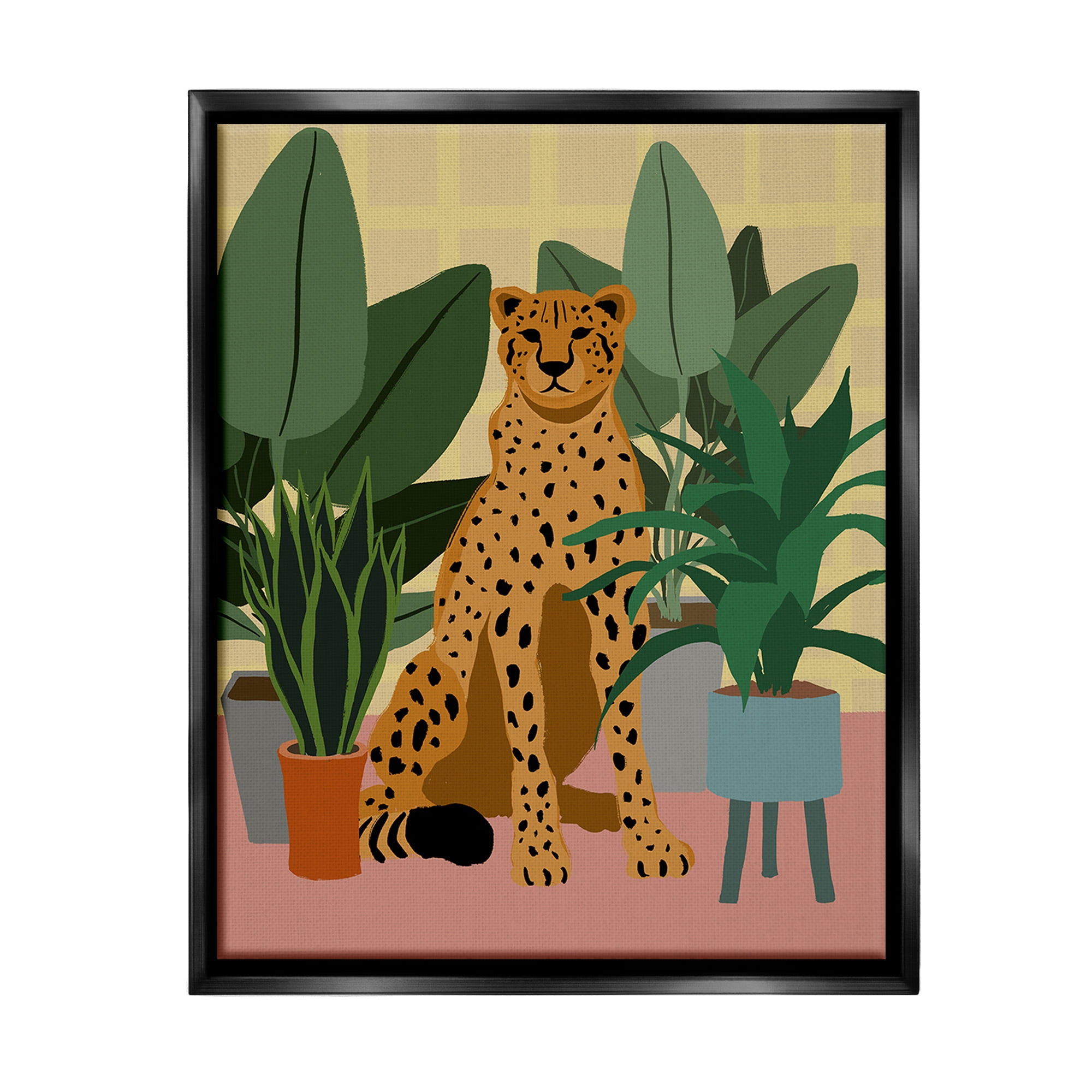 Stupell Industries Modern Leopard & Plants Animals & Insects Painting Black Floater Framed Canvas Art Print Wall Art, 25 x 31