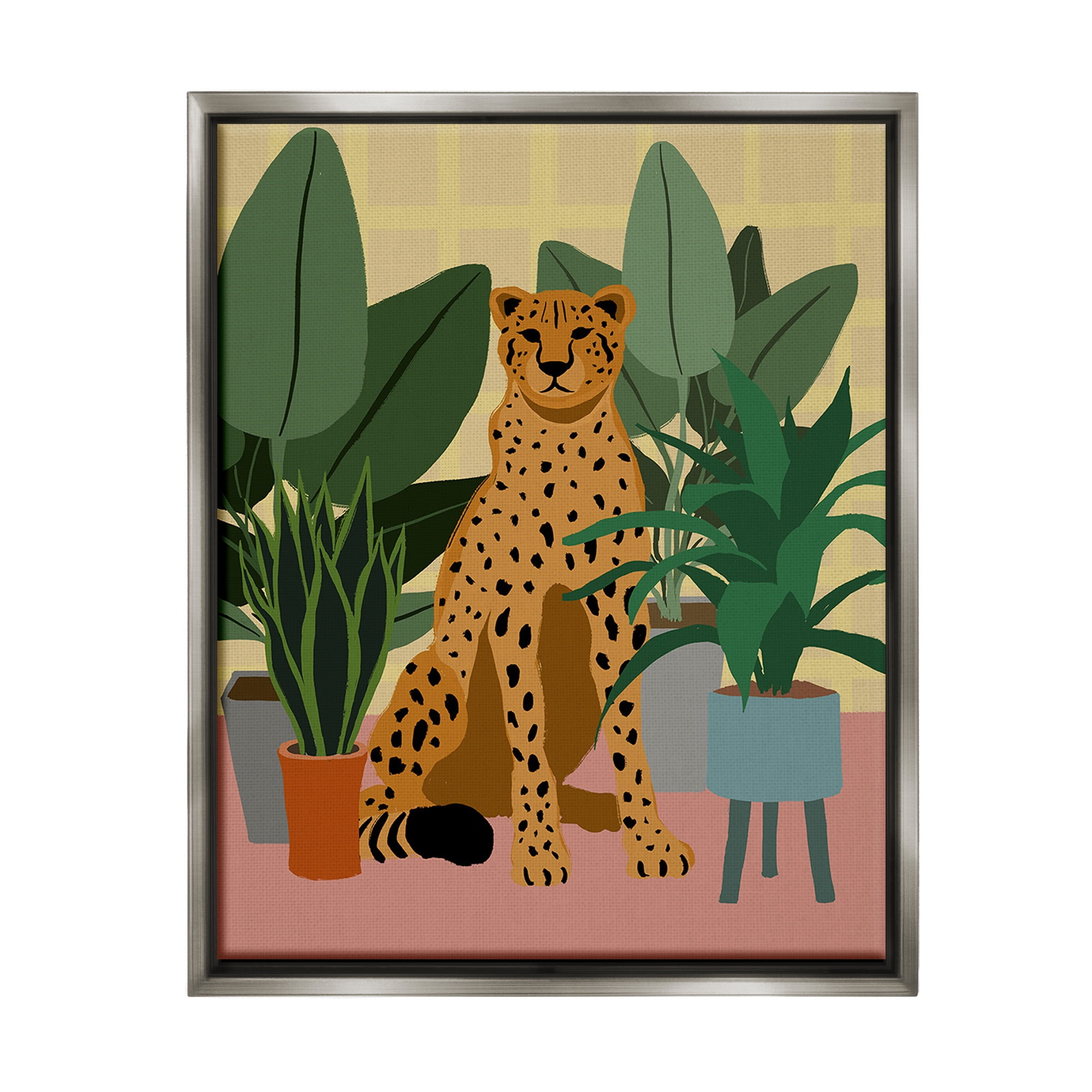 Stupell Industries Modern Leopard & Plants Animals & Insects Painting Gray Floater Framed Canvas Art Print Wall Art, 17 x 21
