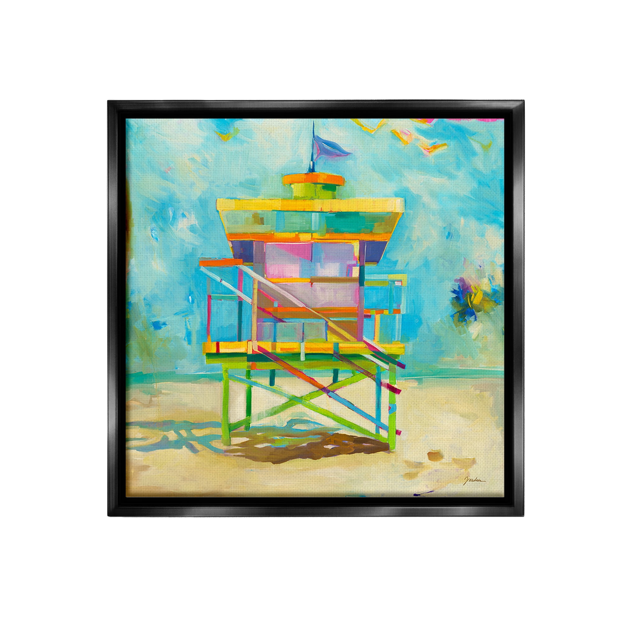Stupell Industries Modern Lifeguard Hut Abstract Painting Black Floater Framed Canvas Art Print Wall Art, 25 x 25