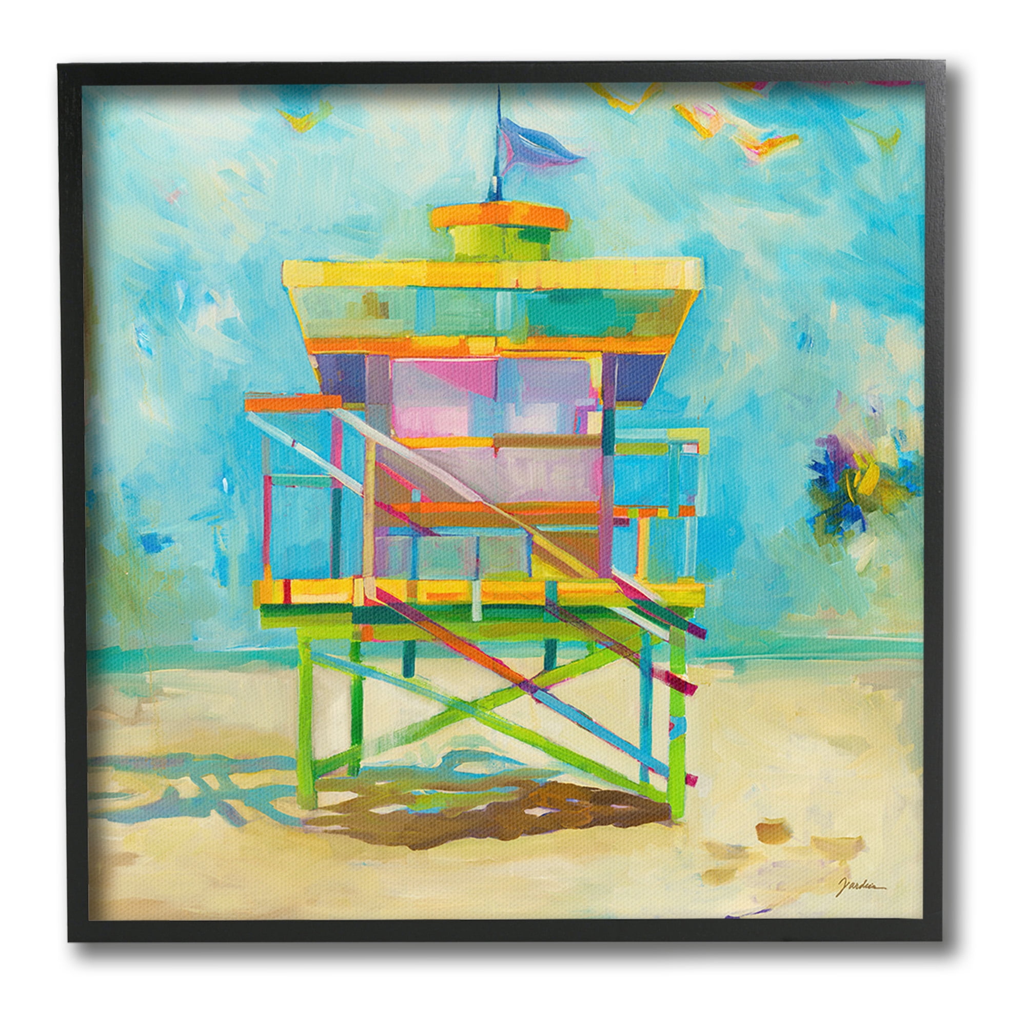 Stupell Industries Modern Lifeguard Hut Abstract Painting Black Framed Art Print Wall Art, 12 x 12