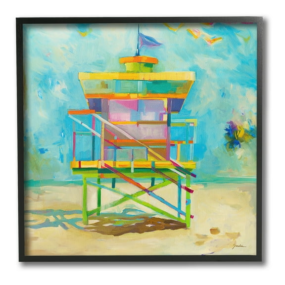 Stupell Industries Modern Lifeguard Hut Abstract Painting Black Framed Art Print Wall Art, 12 x 12