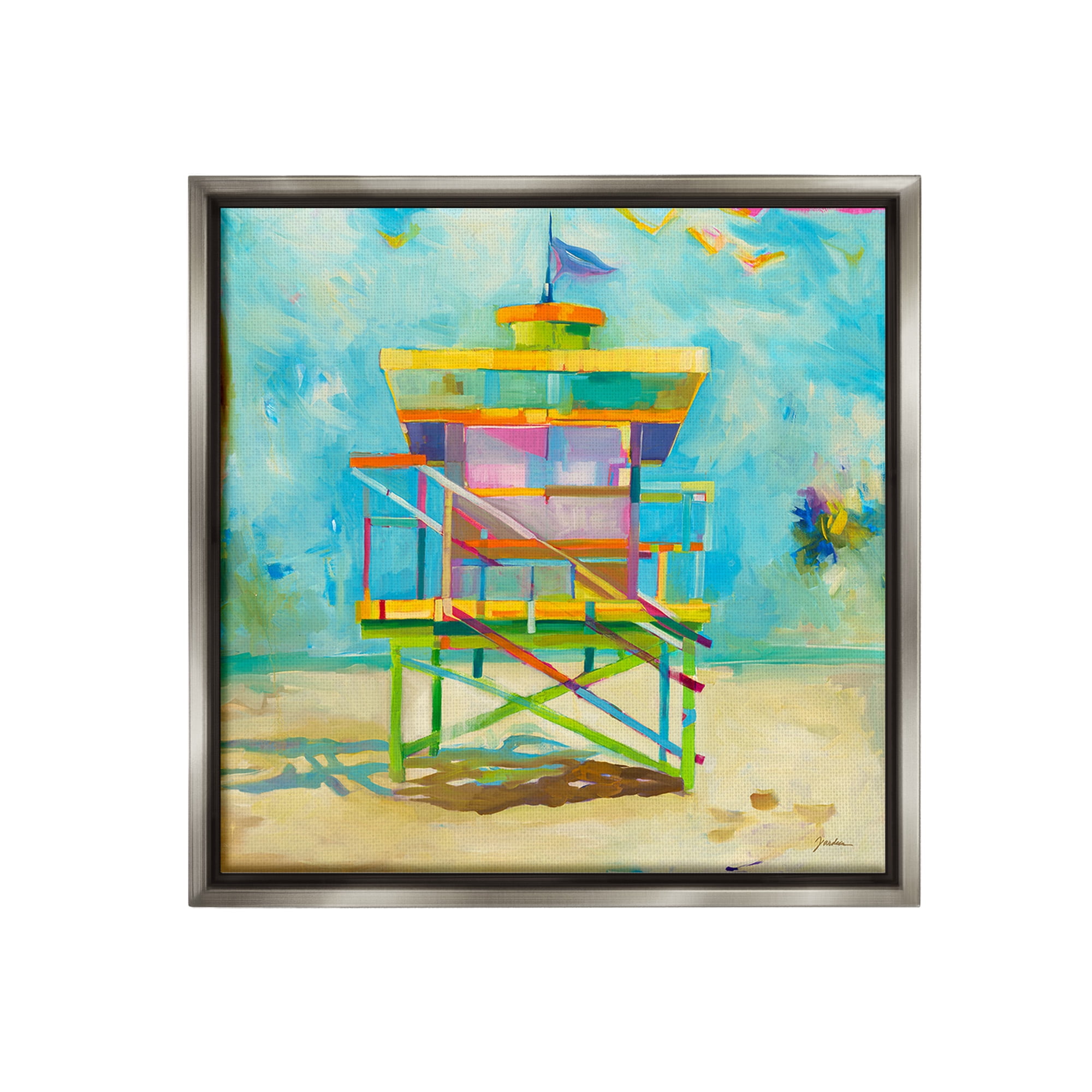 Stupell Industries Modern Lifeguard Hut Abstract Painting Gray Floater Framed Canvas Art Print Wall Art, 18 x 18
