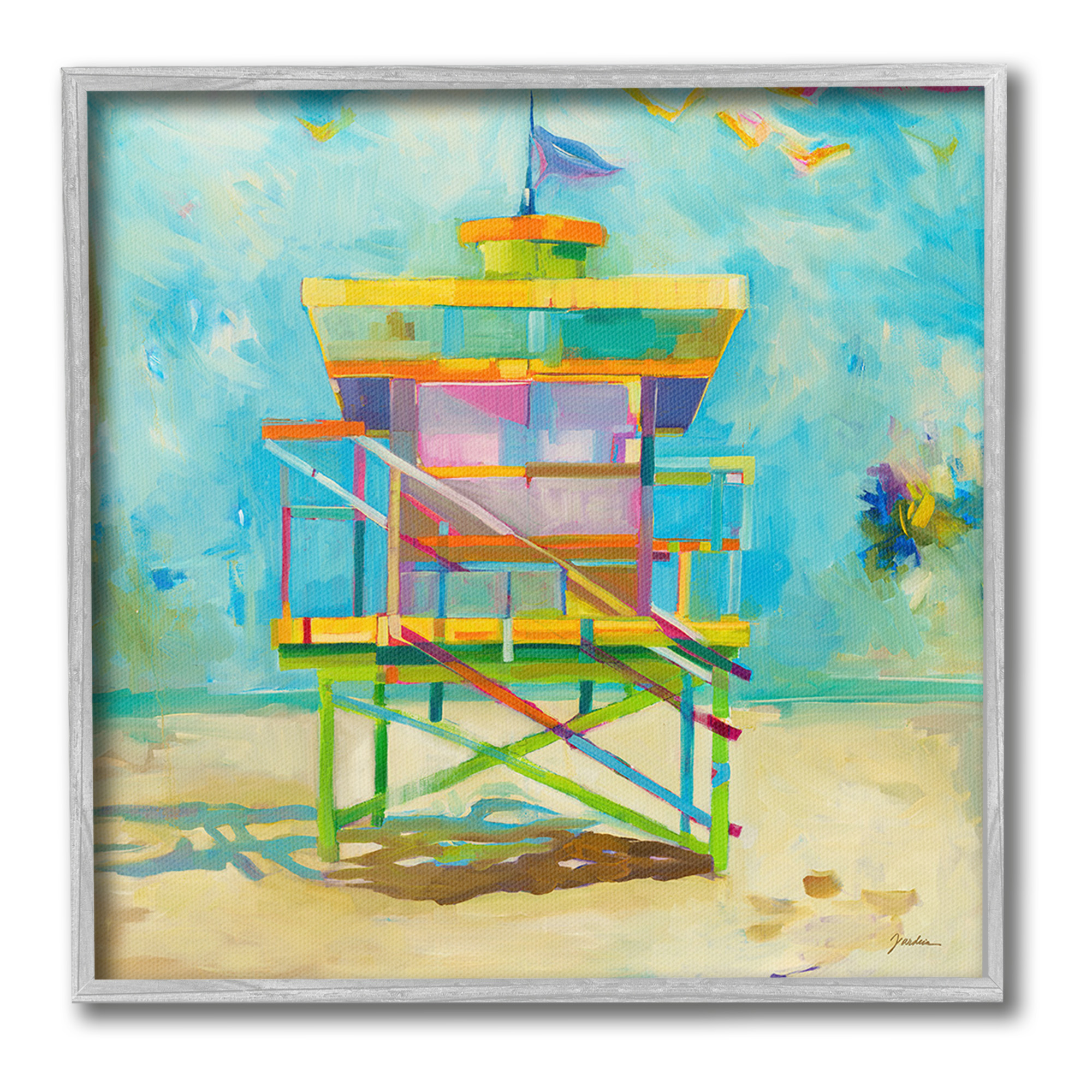Stupell Industries Modern Lifeguard Hut Abstract Painting Gray Framed Art Print Wall Art, 12 x 12