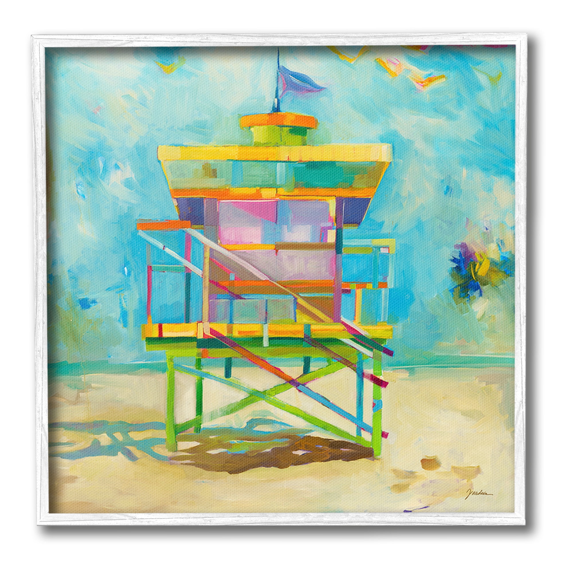 Stupell Industries Modern Lifeguard Hut Abstract Painting White Framed Art Print Wall Art, 24 x 24