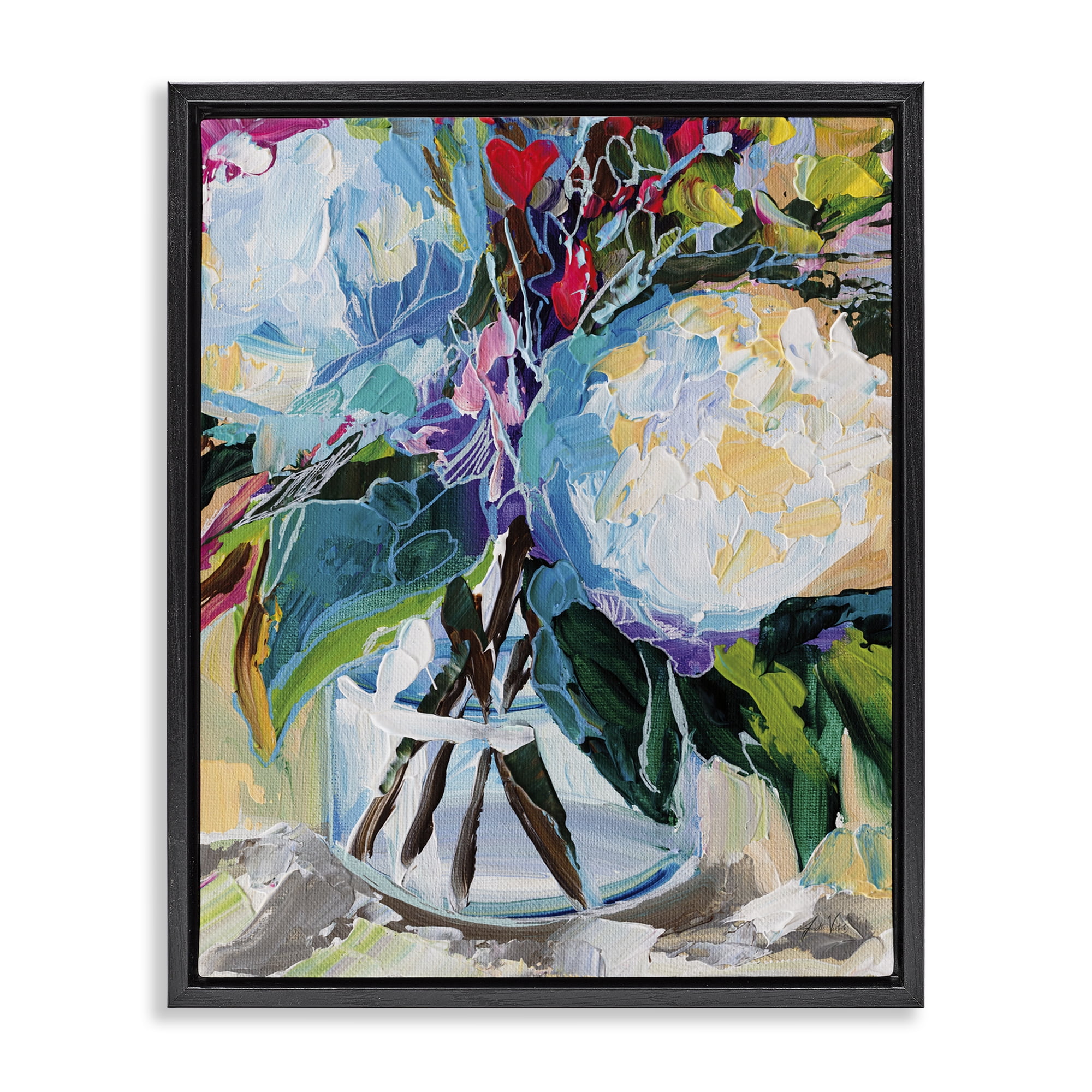 Stupell Industries Modern Lined Bouquet Plants & Flowers Painting Black Floater Framed Canvas Art Print Wall Art, 17 x 21