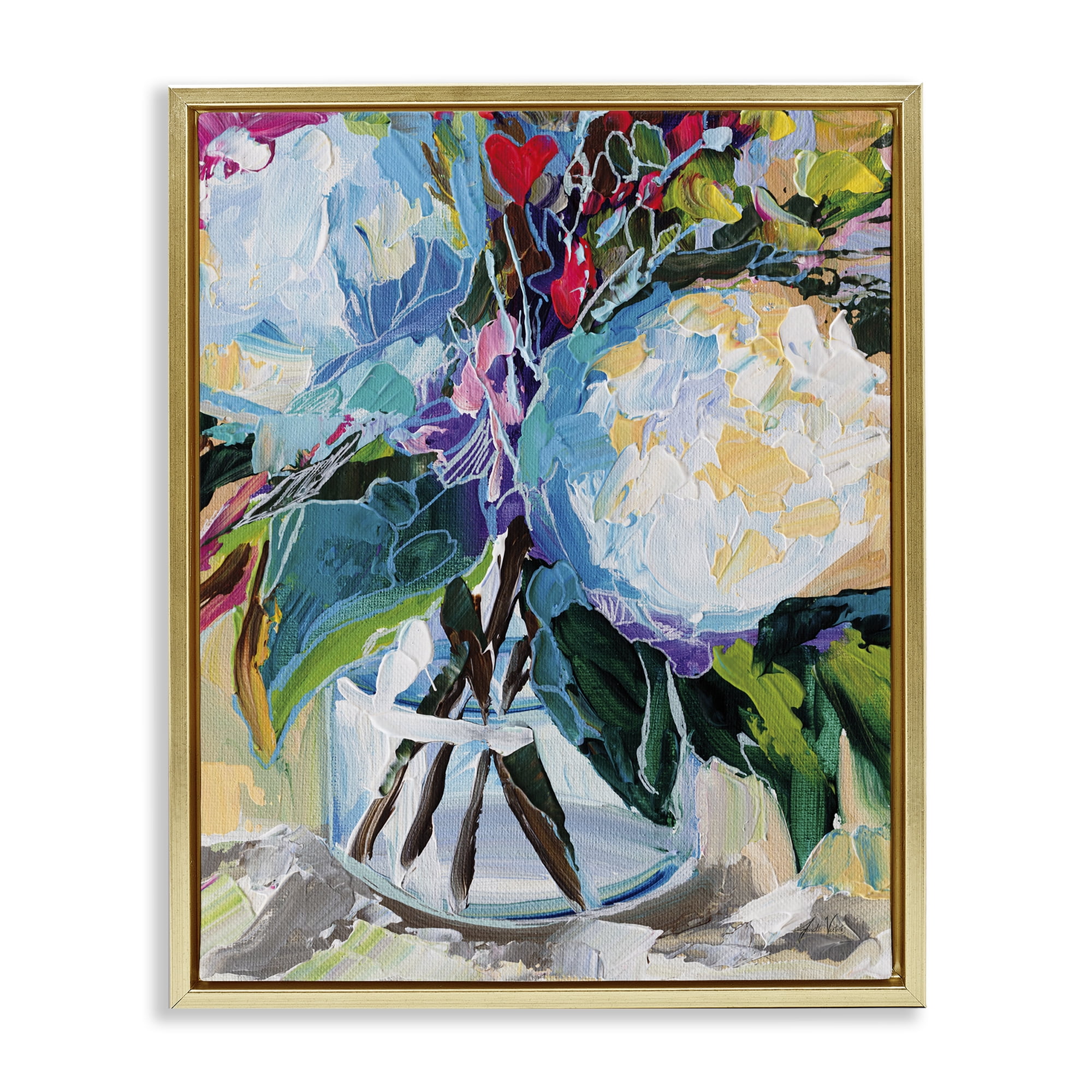 Stupell Industries Modern Lined Bouquet Plants & Flowers Painting Gold Floater Framed Canvas Art Print Wall Art, 25 x 31