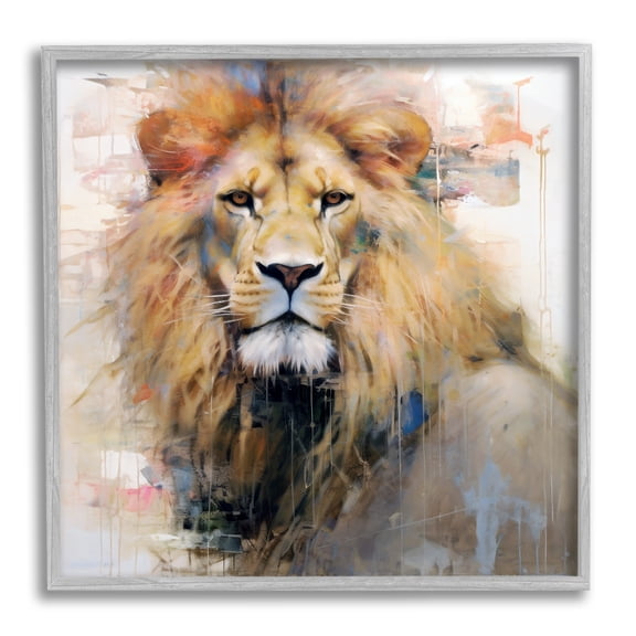 Stupell Industries Modern Lion Portrait Animals & Insects Painting Gray Framed Art Print Wall Art, 12 x 12