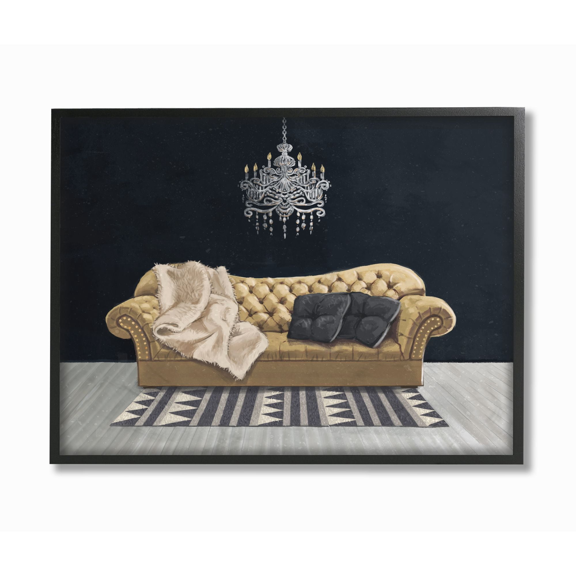 Stupell Industries Modern Living Room Interior Design Blue Gold Painting Framed Wall Art by Ziwei Li