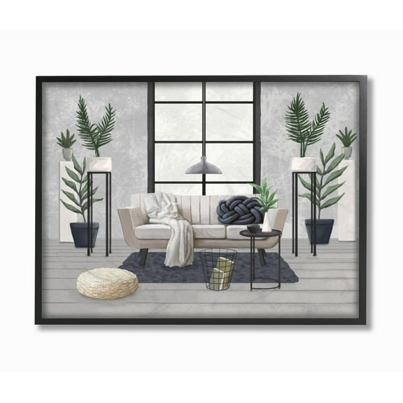 Stupell Industries Modern Living Room Interior Design Blue Gray Painting Framed Wall Art by Ziwei Li