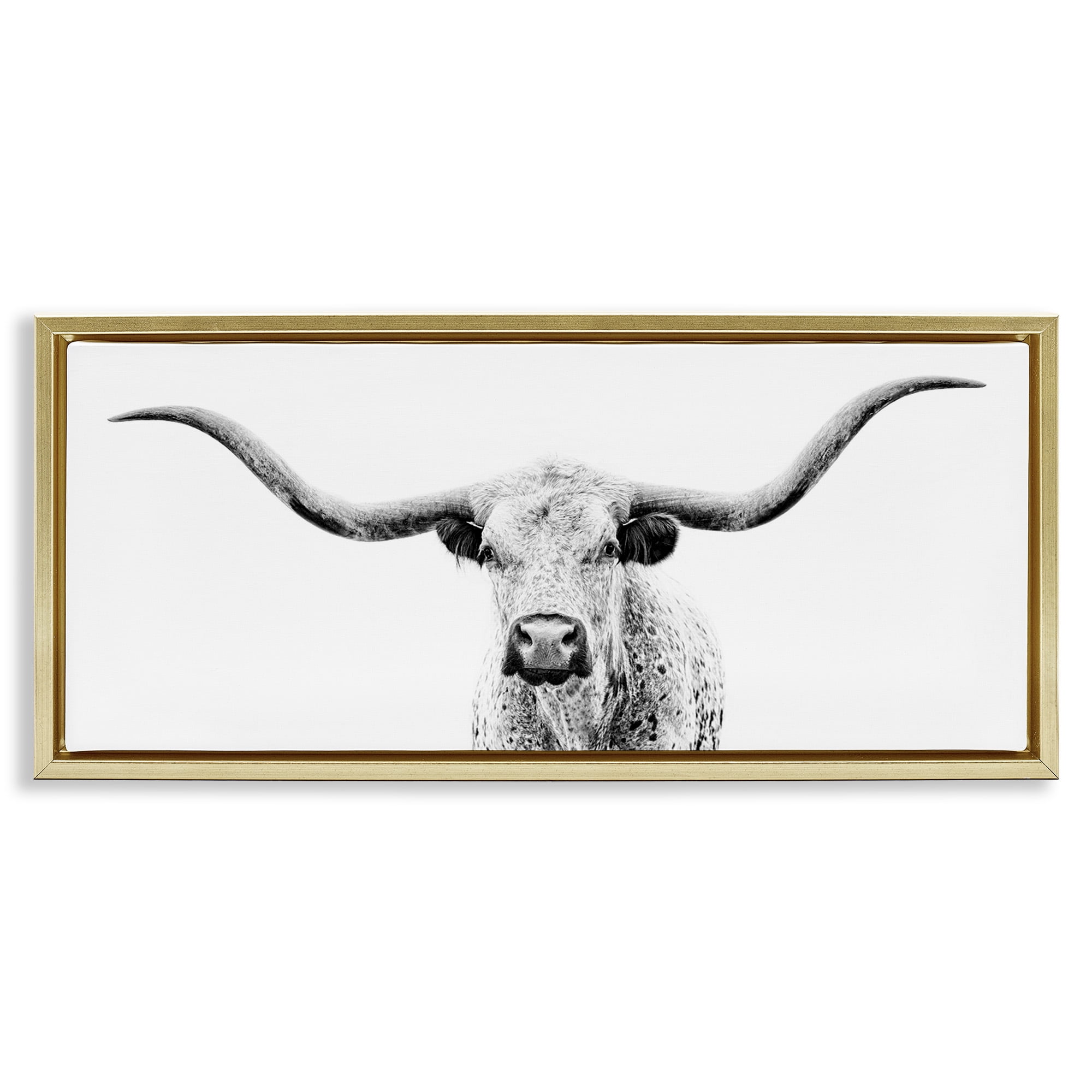 Stupell Industries Modern Longhorn Cattle Gazing Animals & Insects Photography Gold Floater Framed Canvas Art Print Wall Art, 31 x 14