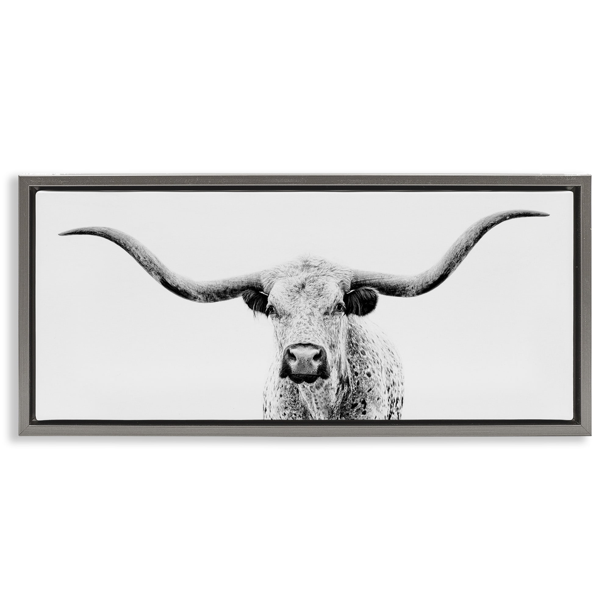 Stupell Industries Modern Longhorn Cattle Gazing Animals & Insects Photography Gray Floater Framed Canvas Art Print Wall Art, 31 x 14