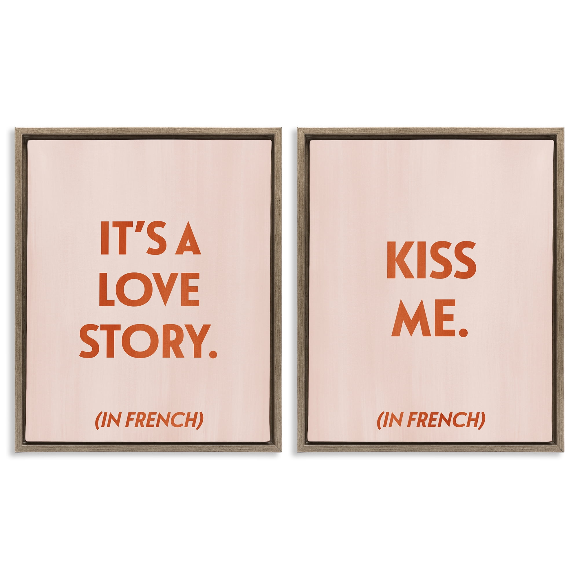 Stupell Industries Modern Love Story Kiss Text & Numbers Painting Brown Floater Framed Canvas Art Print Wall Art, 17 x 21, Set of 2
