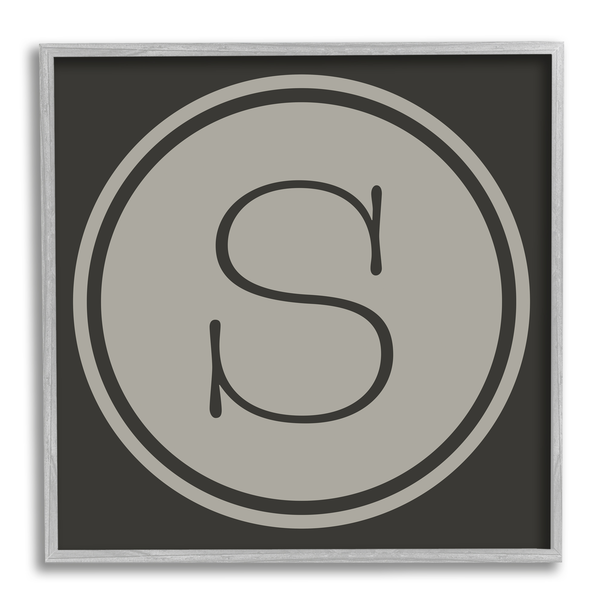 Stupell Industries Modern M Initial Circular Elevator Key Shape Typography Painting Gray Framed Art Print Wall Art, 12 x 12