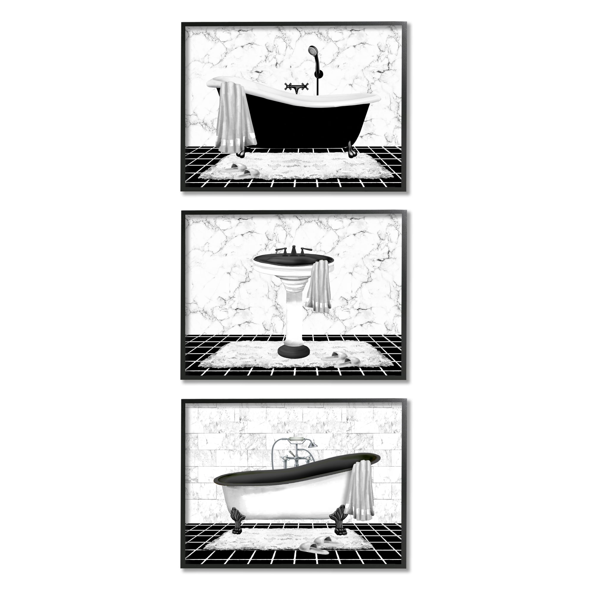 Stupell Industries Modern Marble Bathroom Typography Painting Black Framed Art Print Wall Art, 14 x 11, Set of 3