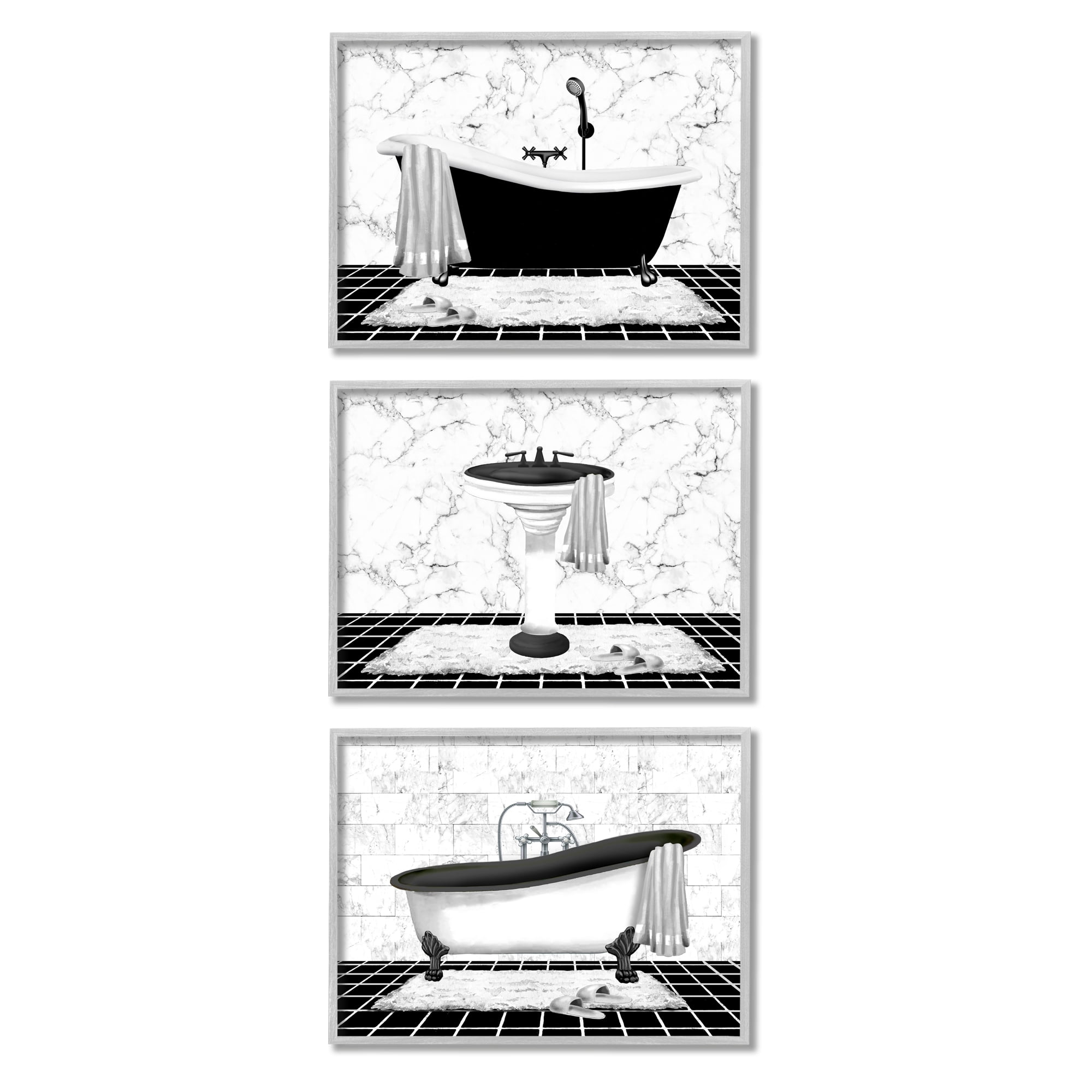Stupell Industries Modern Marble Bathroom Typography Painting Gray Framed Art Print Wall Art, 14 x 11, Set of 3