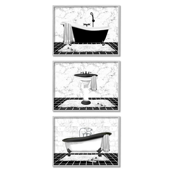 Stupell Industries Modern Marble Bathroom Typography Painting Gray Framed Art Print Wall Art, 14 x 11, Set of 3