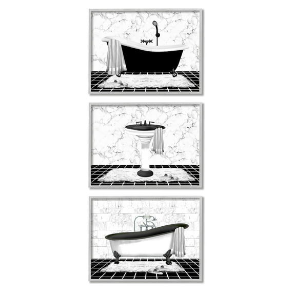 Stupell Industries Modern Marble Bathroom Typography Painting Gray Framed Art Print Wall Art, 30 x 24, Set of 3
