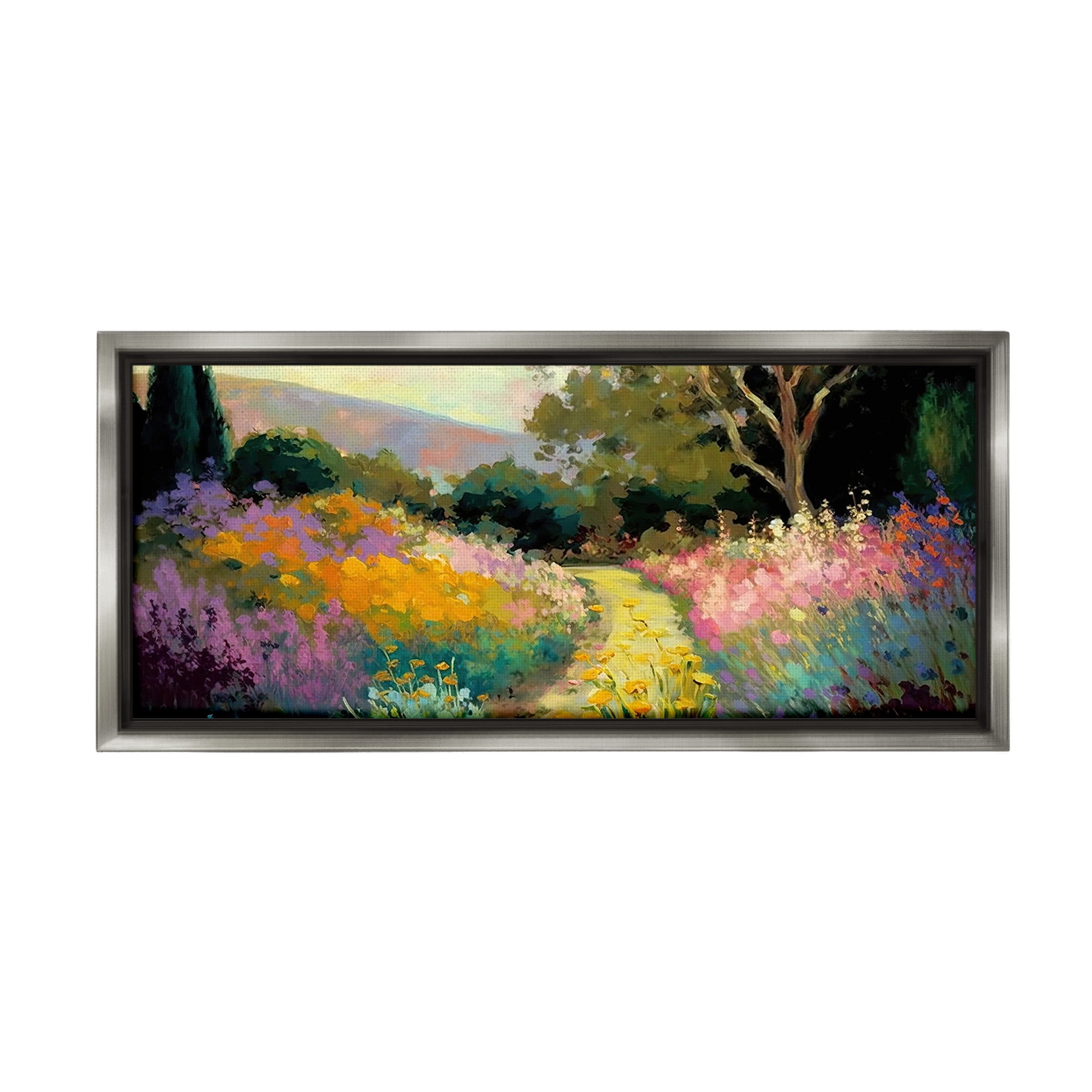 Stupell Industries Modern Meadow Path Landscape Painting Gray Floater Framed Canvas Art Print Wall Art, 31 x 14