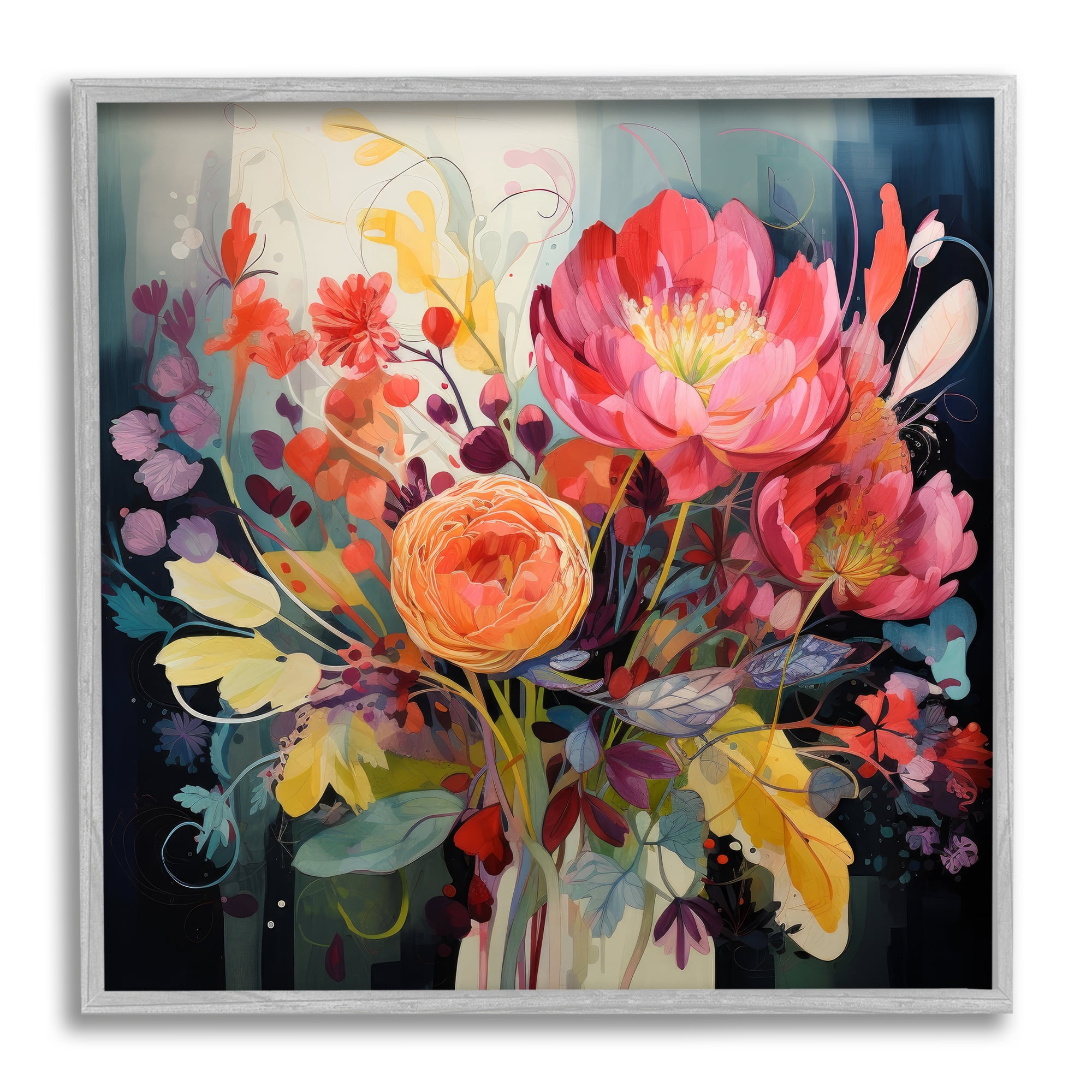 Stupell Industries Modern Mixed Blooms Botanical & Floral Painting Gray Framed Art Print Wall Art, 24 x 24