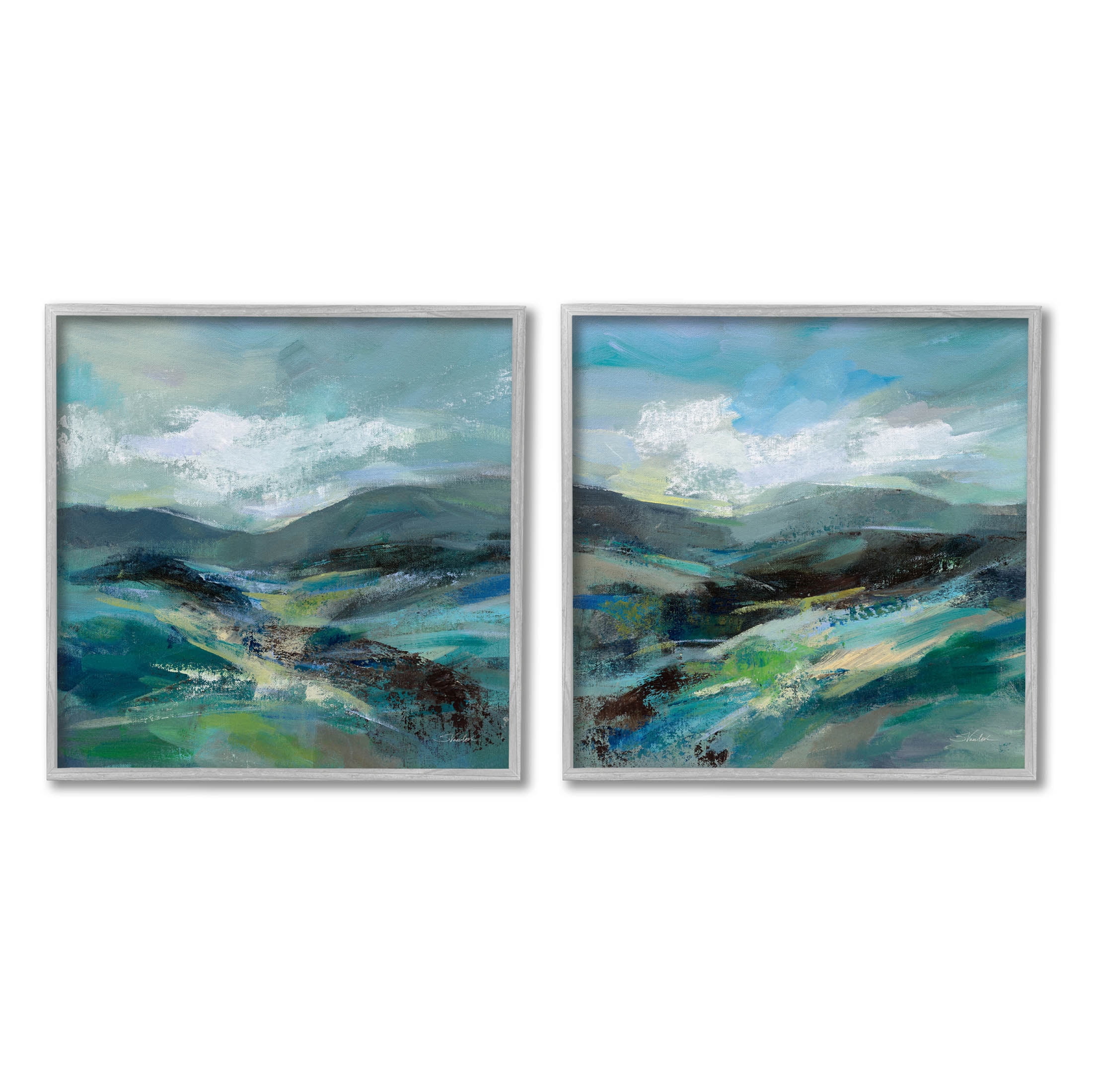Stupell Industries Modern Mountain Horizon Scene Painting Gray Framed Art Print Wall Art, Set of 2, Design by Silvia Vassileva