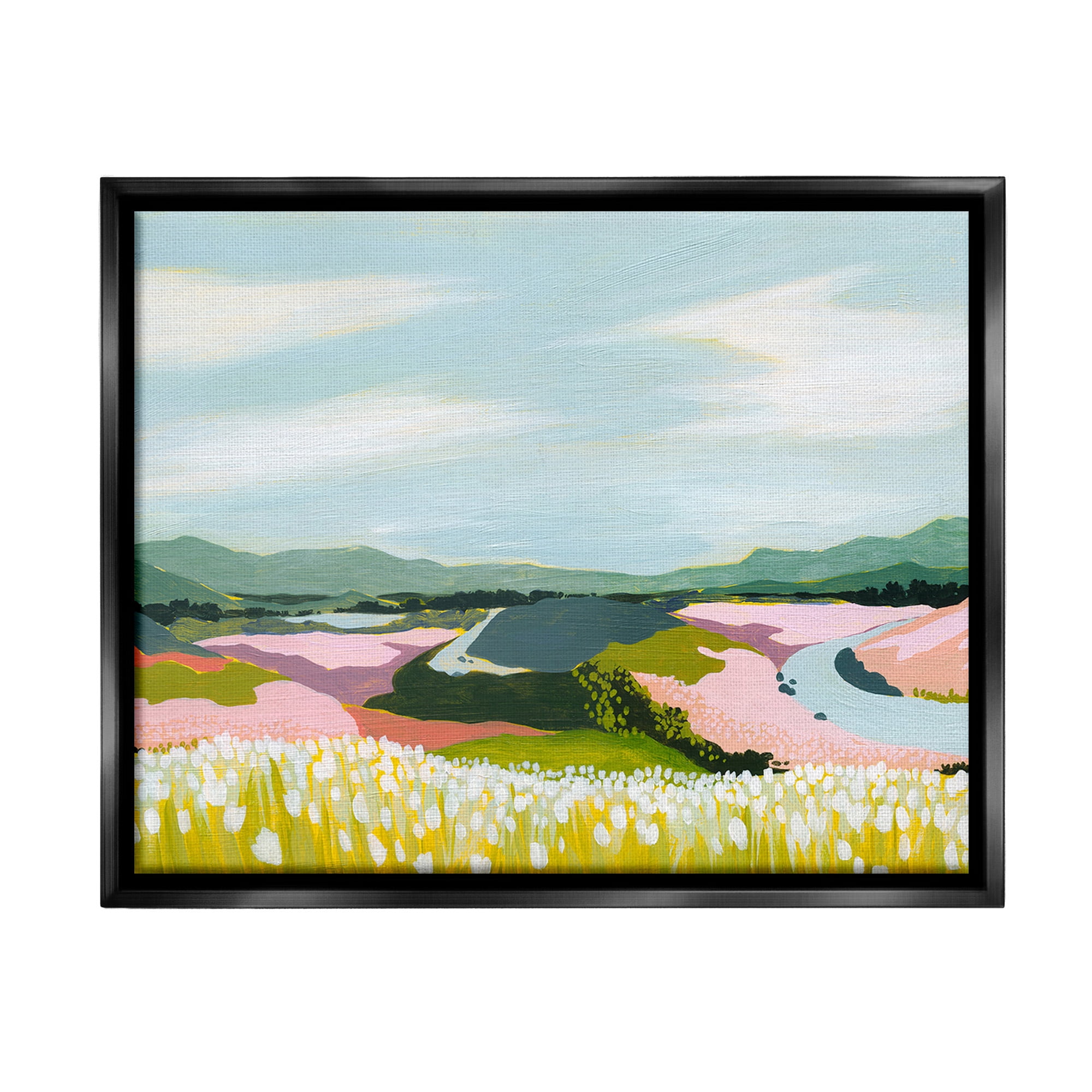 Stupell Industries Modern Mountain Stream Landscape Painting Black Floater Framed Canvas Art Print Wall Art, 31 x 25