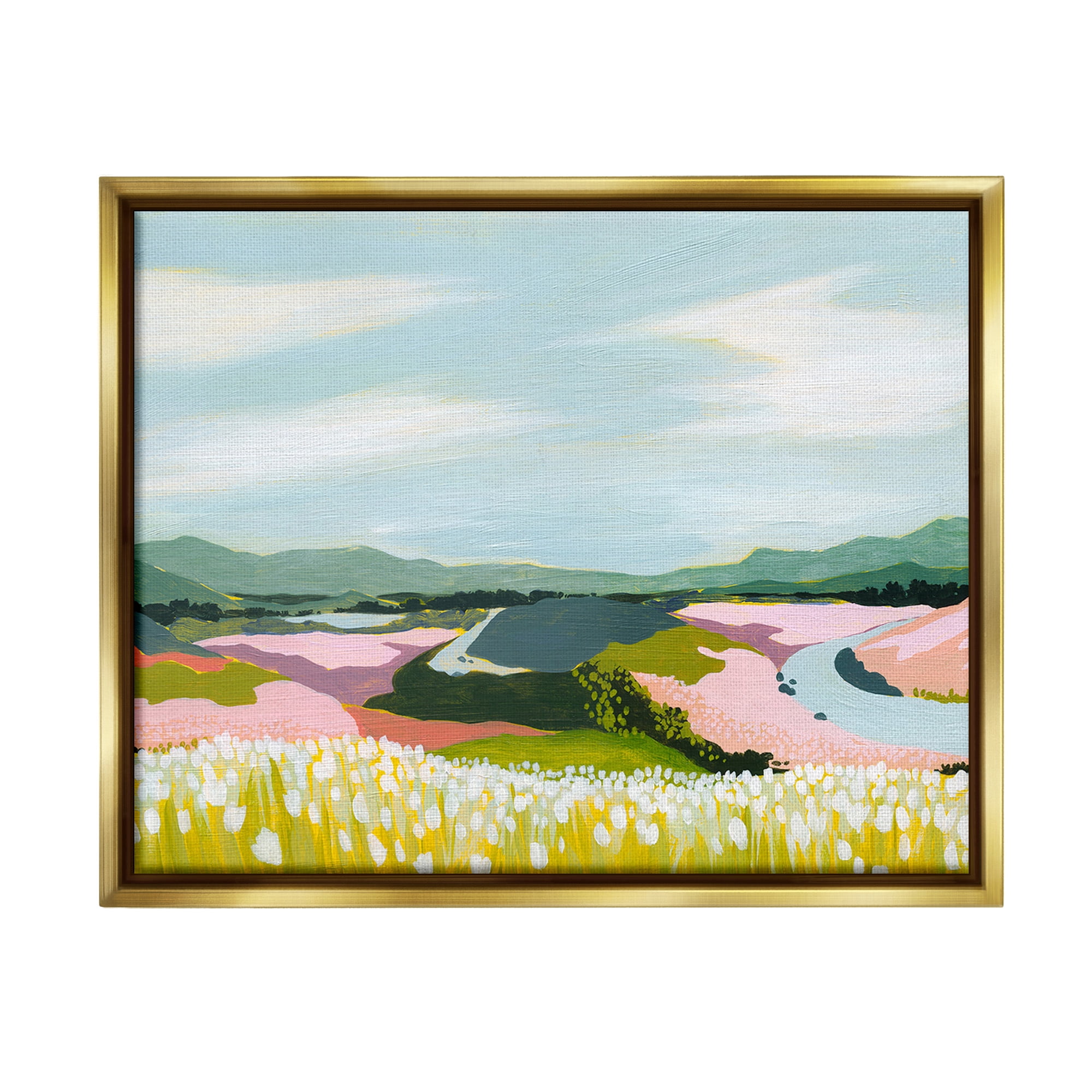 Stupell Industries Modern Mountain Stream Landscape Painting Gold Floater Framed Canvas Art Print Wall Art, 31 x 25