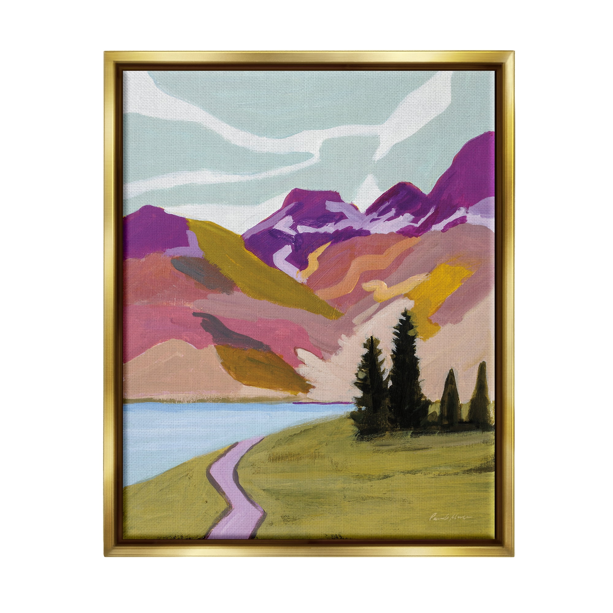 Stupell Industries Modern Mountains Landscape Landscape Painting Gold Floater Framed Canvas Art Print Wall Art, 17 x 21