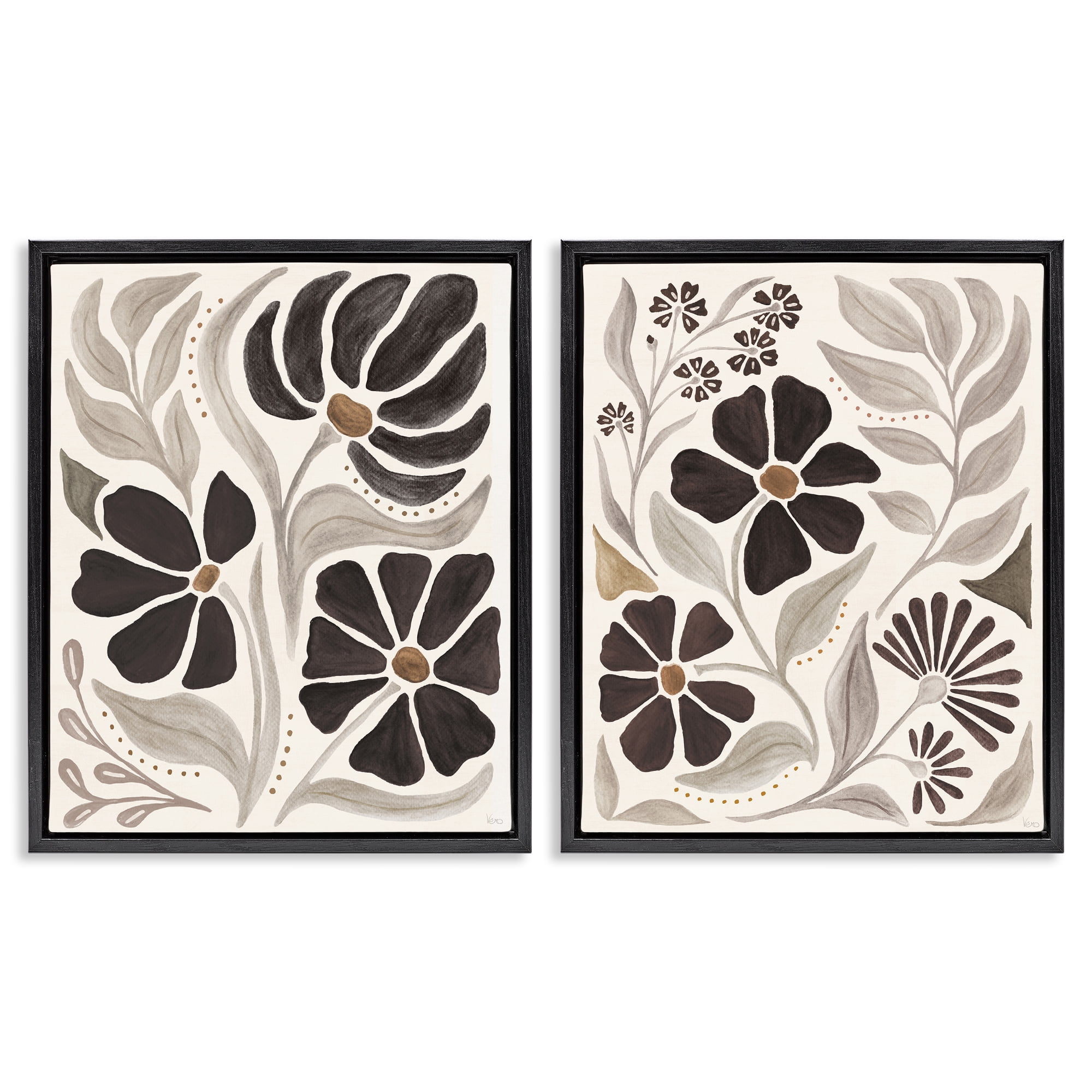 Stupell Industries Modern Neutral Petals Plants & Flowers Painting Black Floater Framed Canvas Art Print Wall Art, 31 x 25, Set of 2