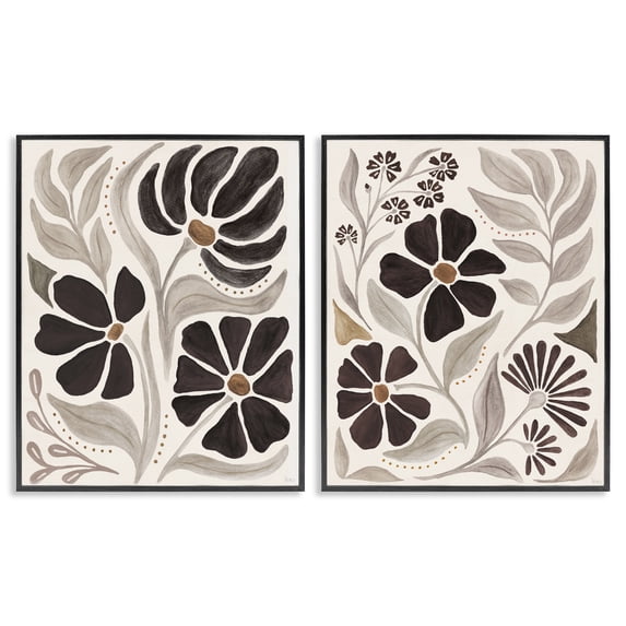 Stupell Industries Modern Neutral Petals Plants & Flowers Painting Black Framed Art Print Wall Art, 11 x 14, Set of 2
