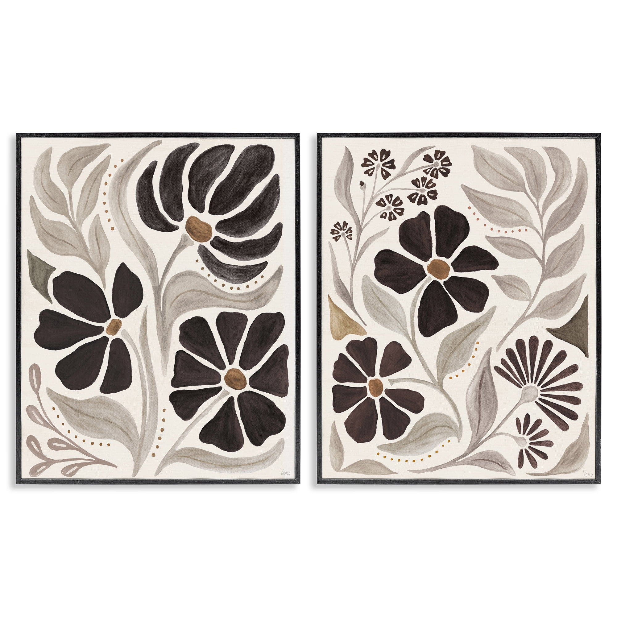 Stupell Industries Modern Neutral Petals Plants & Flowers Painting Black Framed Art Print Wall Art, 16 x 20, Set of 2