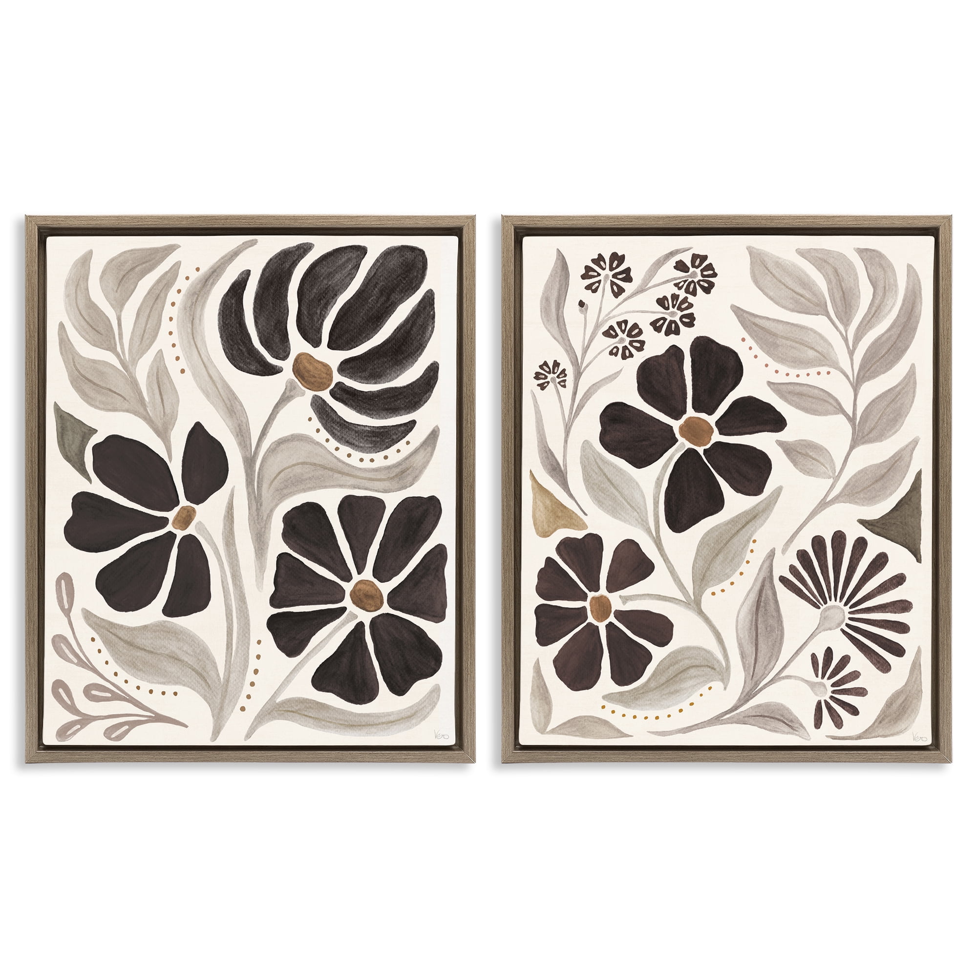 Stupell Industries Modern Neutral Petals Plants & Flowers Painting Brown Floater Framed Canvas Art Print Wall Art, 17 x 21, Set of 2