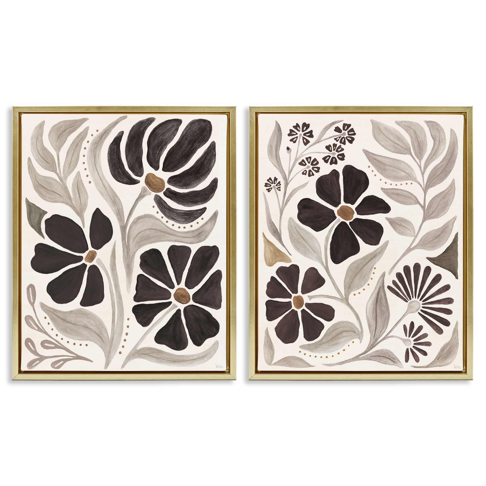 Stupell Industries Modern Neutral Petals Plants & Flowers Painting Gold Floater Framed Canvas Art Print Wall Art, 17 x 21, Set of 2