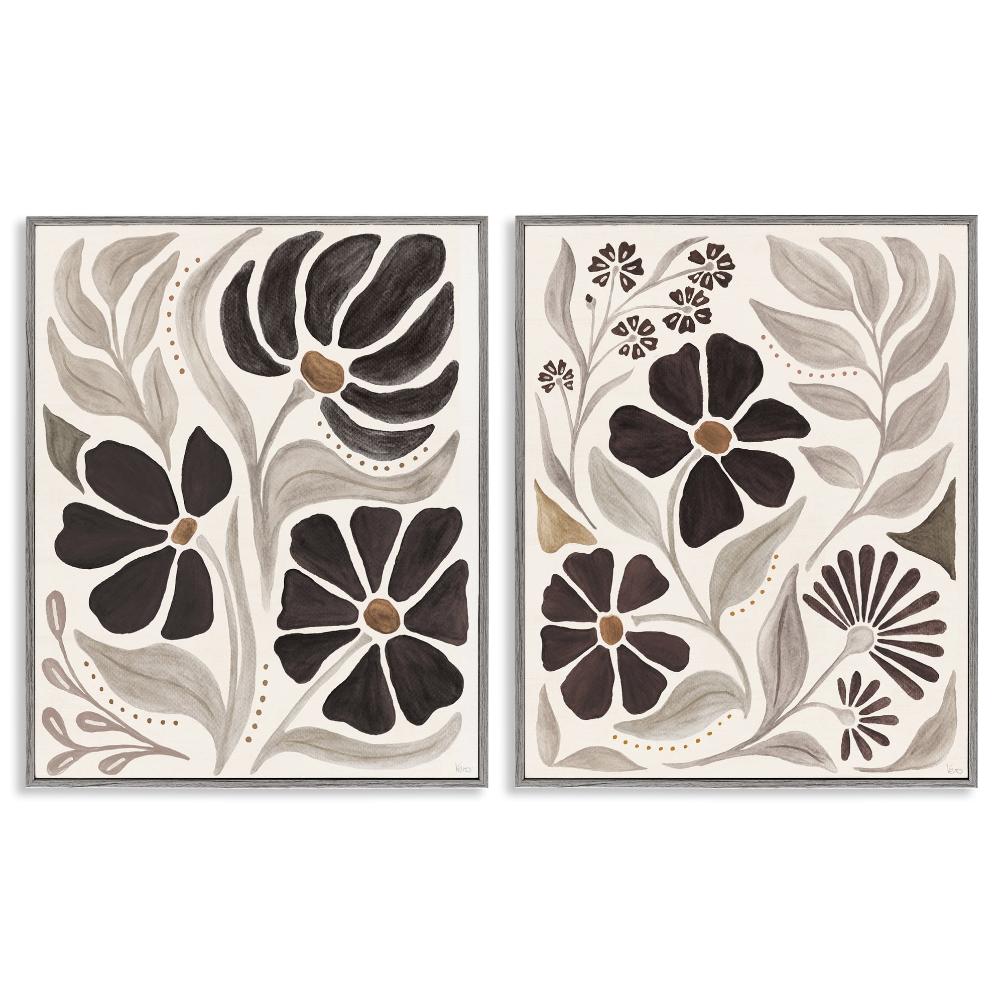 Stupell Industries Modern Neutral Petals Plants & Flowers Painting Gray Framed Art Print Wall Art, 24 x 30, Set of 2