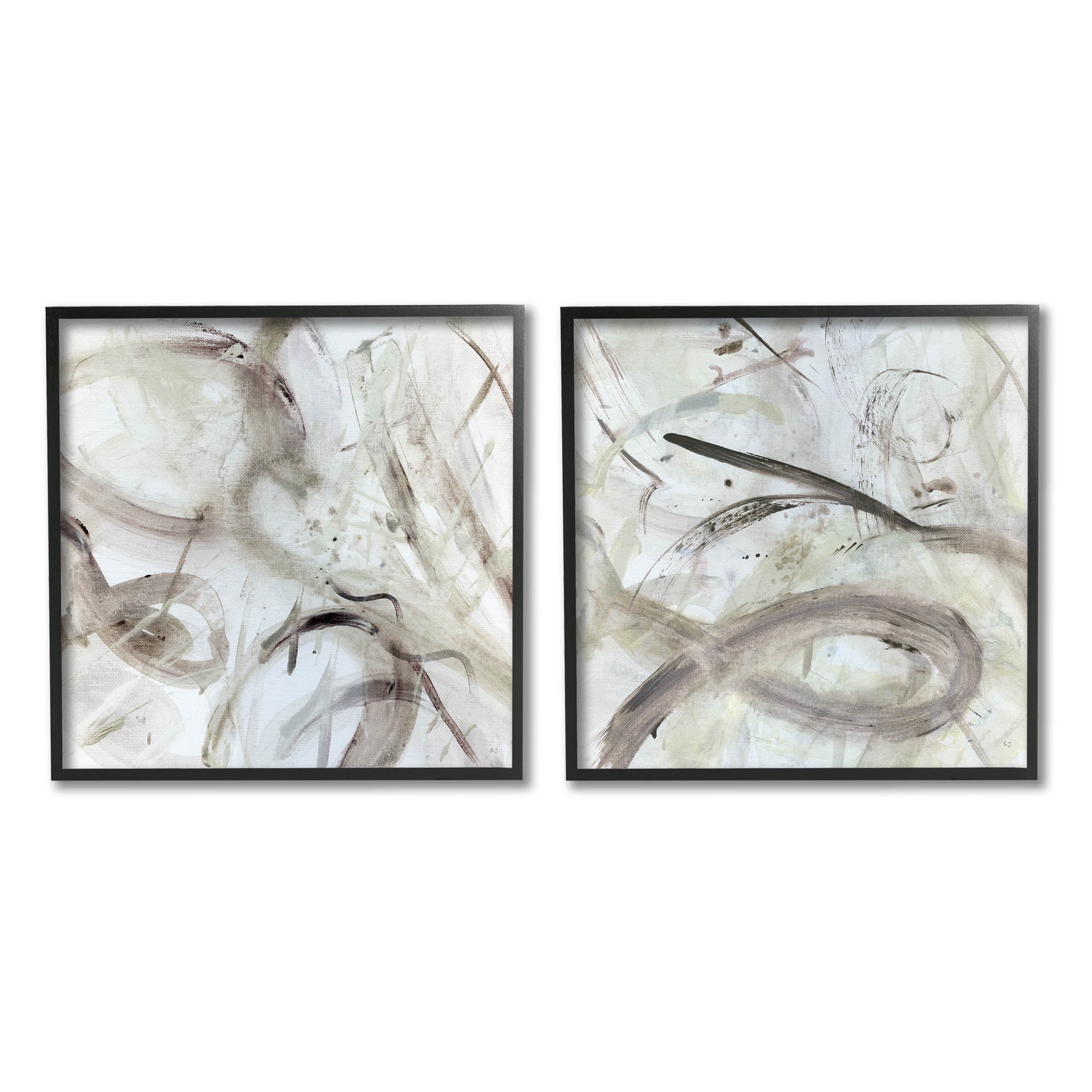 Modern Neutral Tones Abstract Art Set with Black Wood Frame
