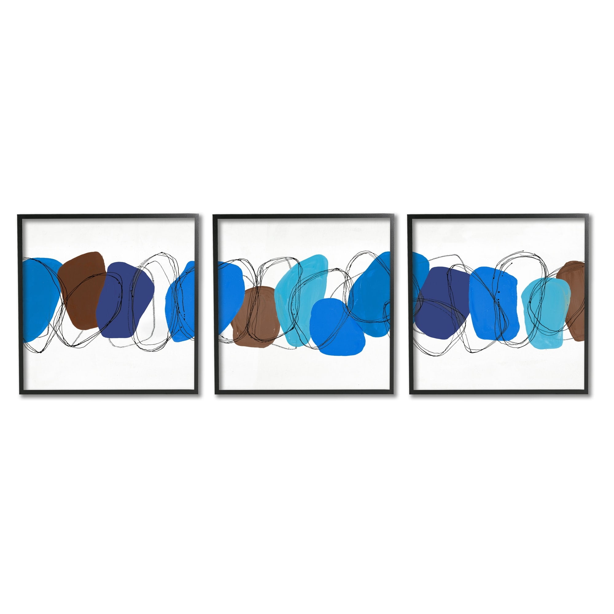 Stupell Industries Modern Oblong Blue Shapes Geometric Abstract Scribble Graphic Art Black Framed Art Print Wall Art, Set of 3, Design by Ruth Fromstein