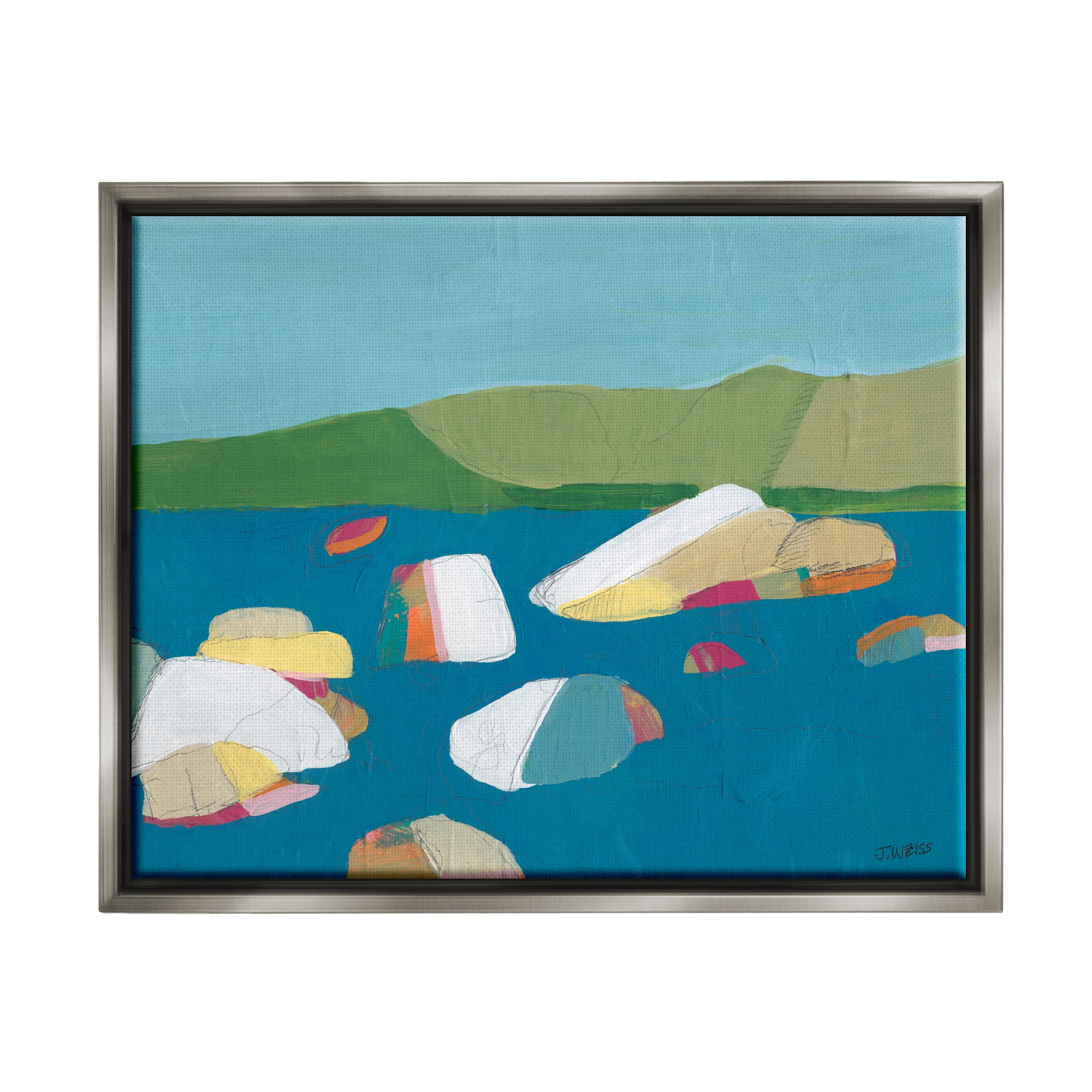 Stupell Industries Modern Ocean Rocks Painting Coastal Painting Gray Floater Framed Art Print Wall Art