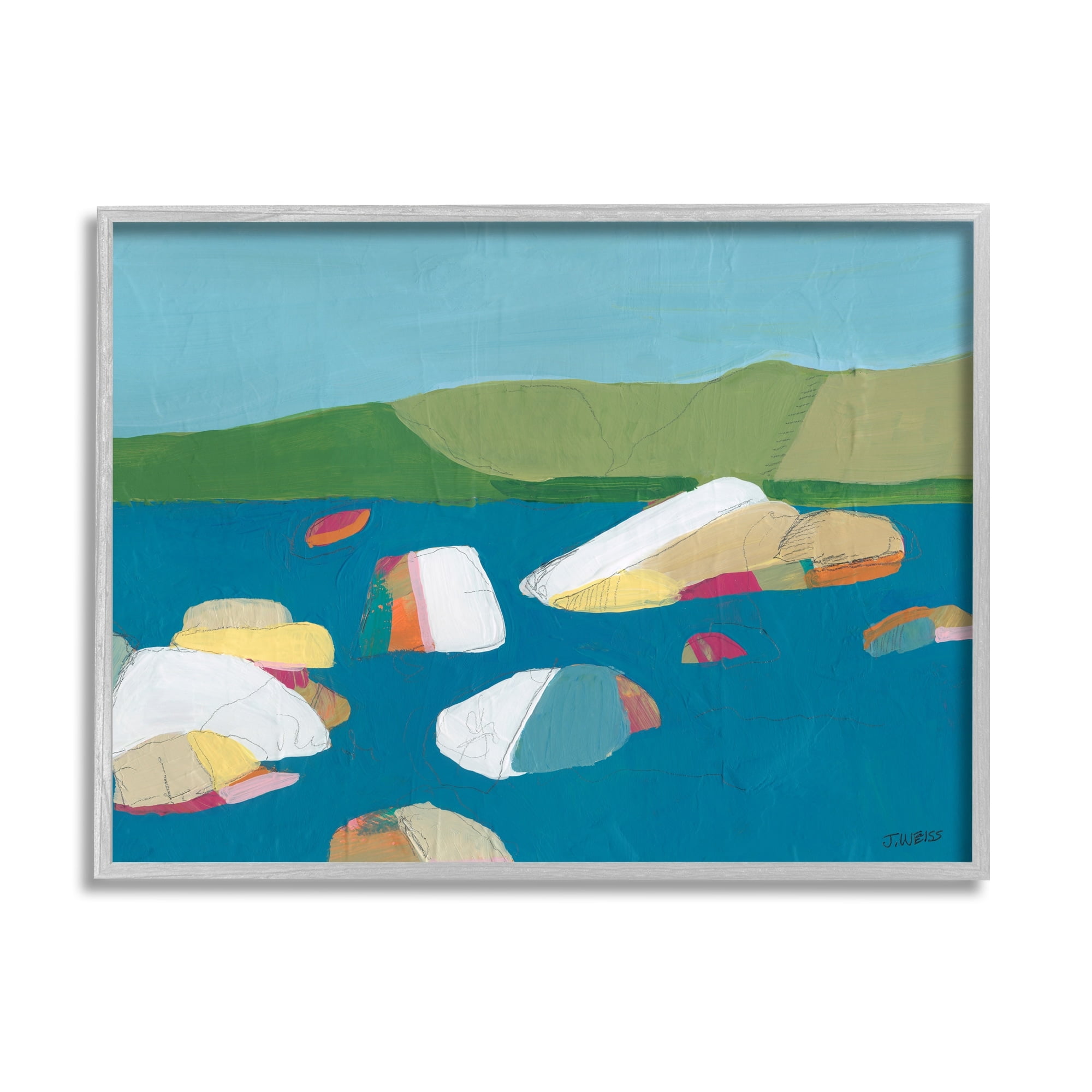 Stupell Industries Modern Ocean Rocks Painting Coastal Painting Gray Framed Art Print Wall Art