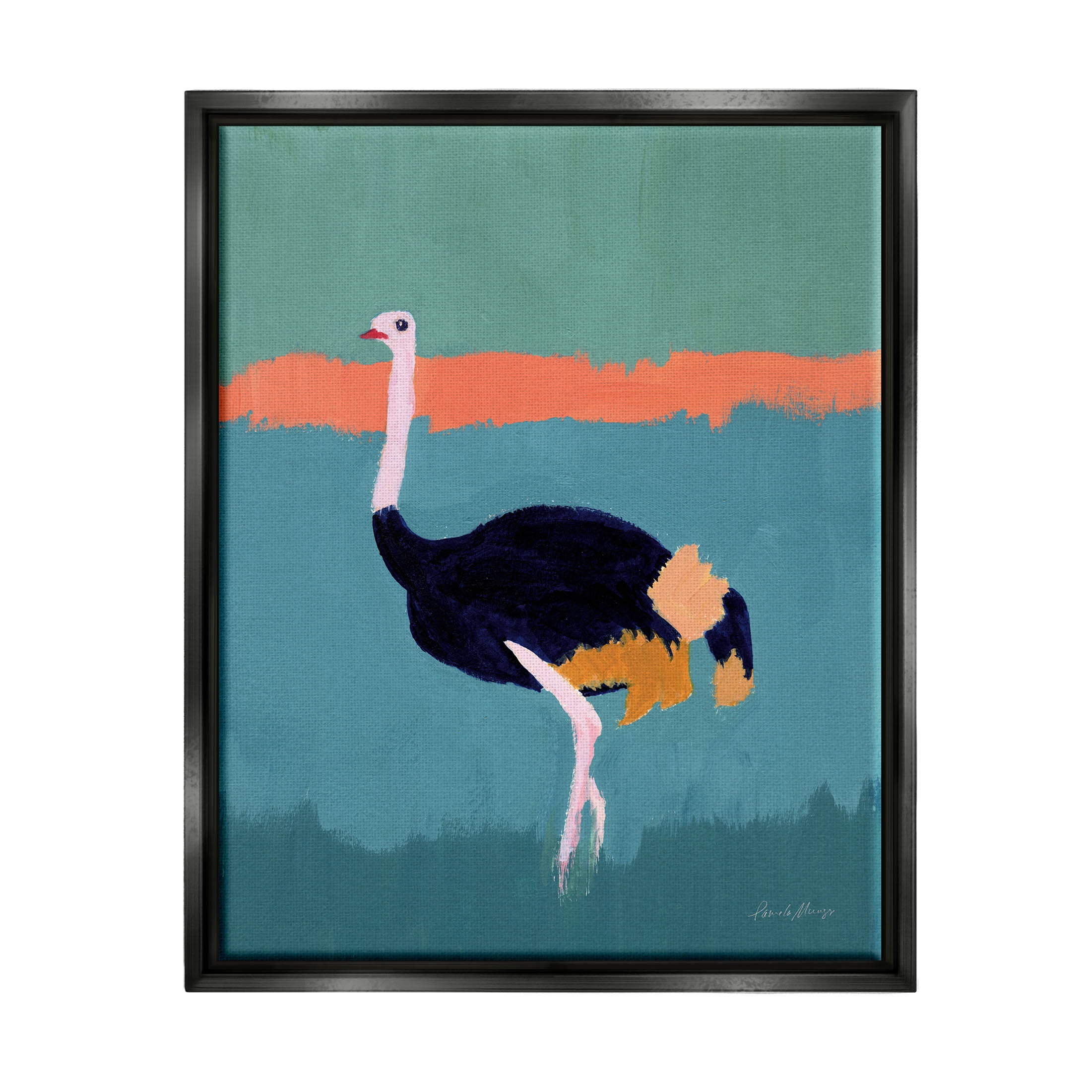 Stupell Industries Modern Ostrich Wildlife Painting Painting Jet Black Floating Framed Canvas Print Wall Art, Design by Pamela Munger