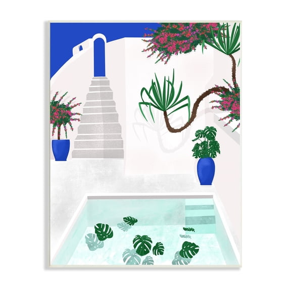 Stupell Industries Modern Outdoor Pool Scene European Villa Monstera Leaves, 10 x 15,Design by Jen Bucheli