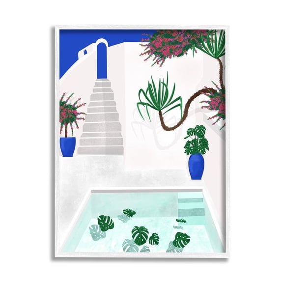 Stupell Industries Modern Outdoor Pool Scene European Villa Monstera Leaves Graphic Art White Framed Art Print Wall Art, 11x14, by Jen Bucheli