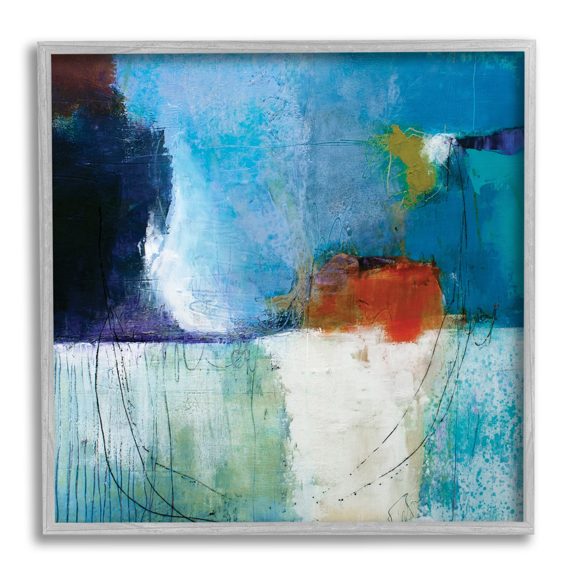 Stupell Industries Modern Paint Abstraction Blue Red White Blocks Rustic Painting Gray Framed Art Print Wall Art, 24 x 24, Design by Pamela K. Beer